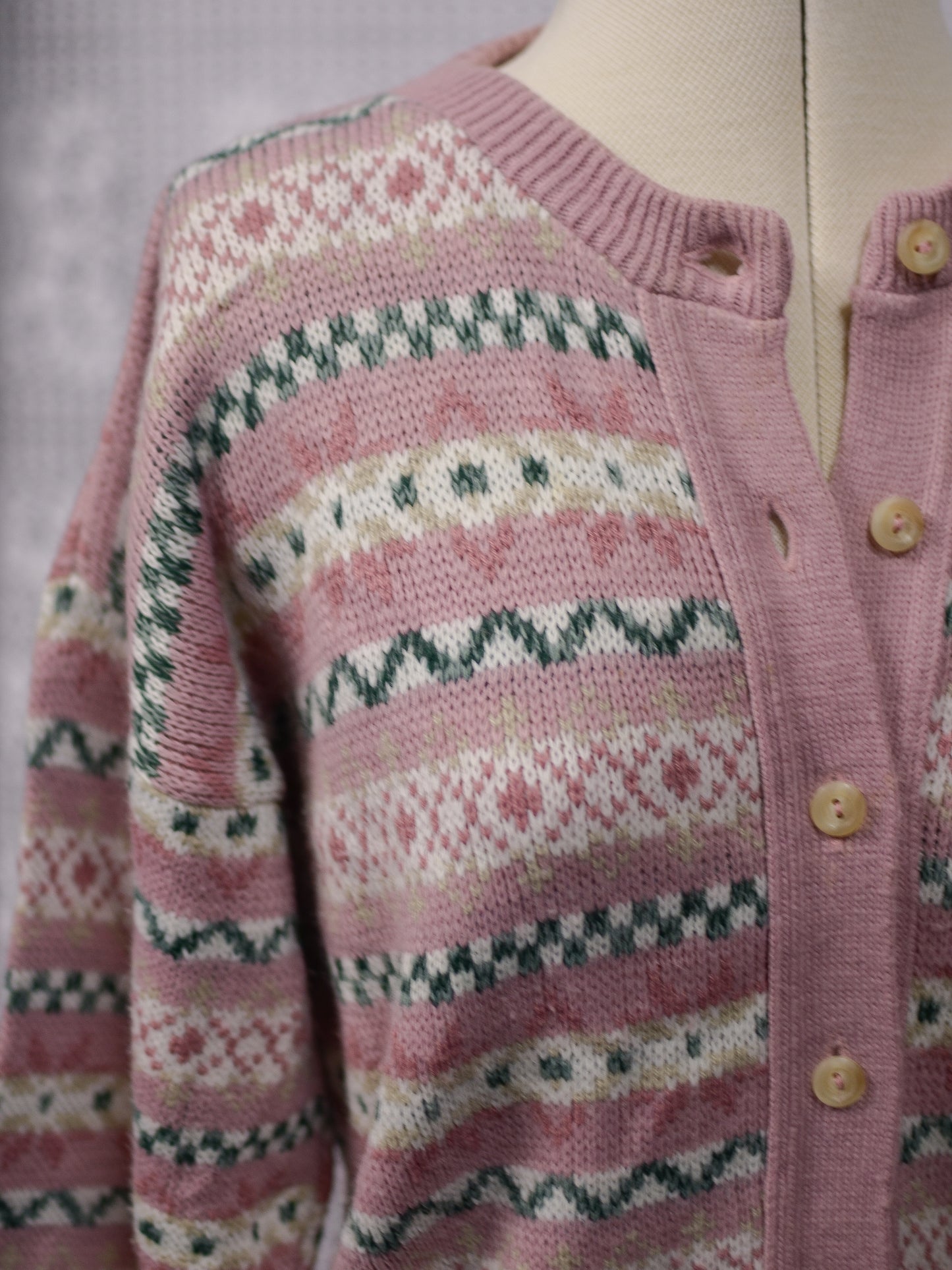 1980s pink and green fairisle style snowflake nordic cardigan