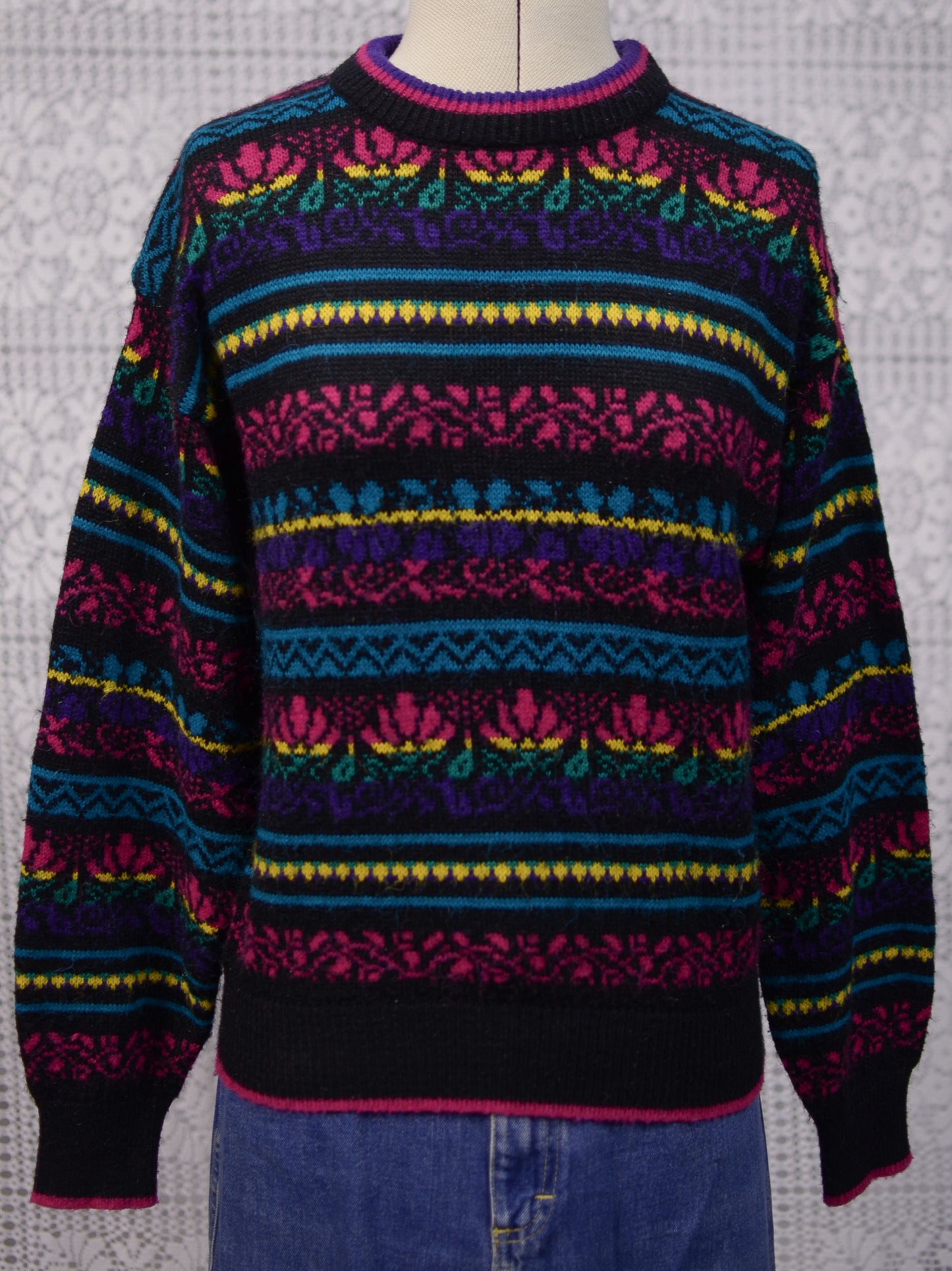 1980s C&A black, pink, yellow, purple and blue colourful floral stripe jumper