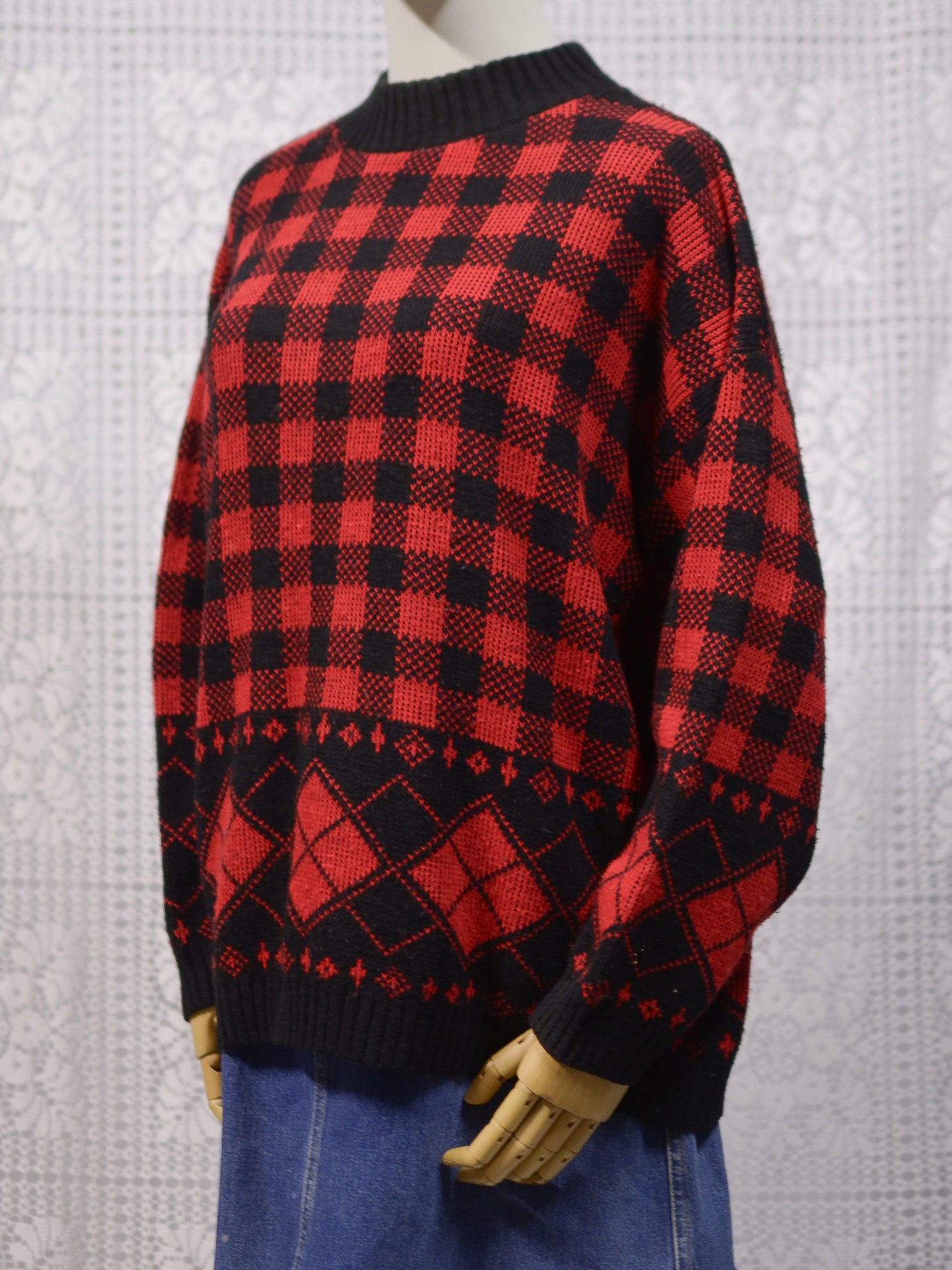 1990s red and black gingham plaid diamond argyle pattern jumper