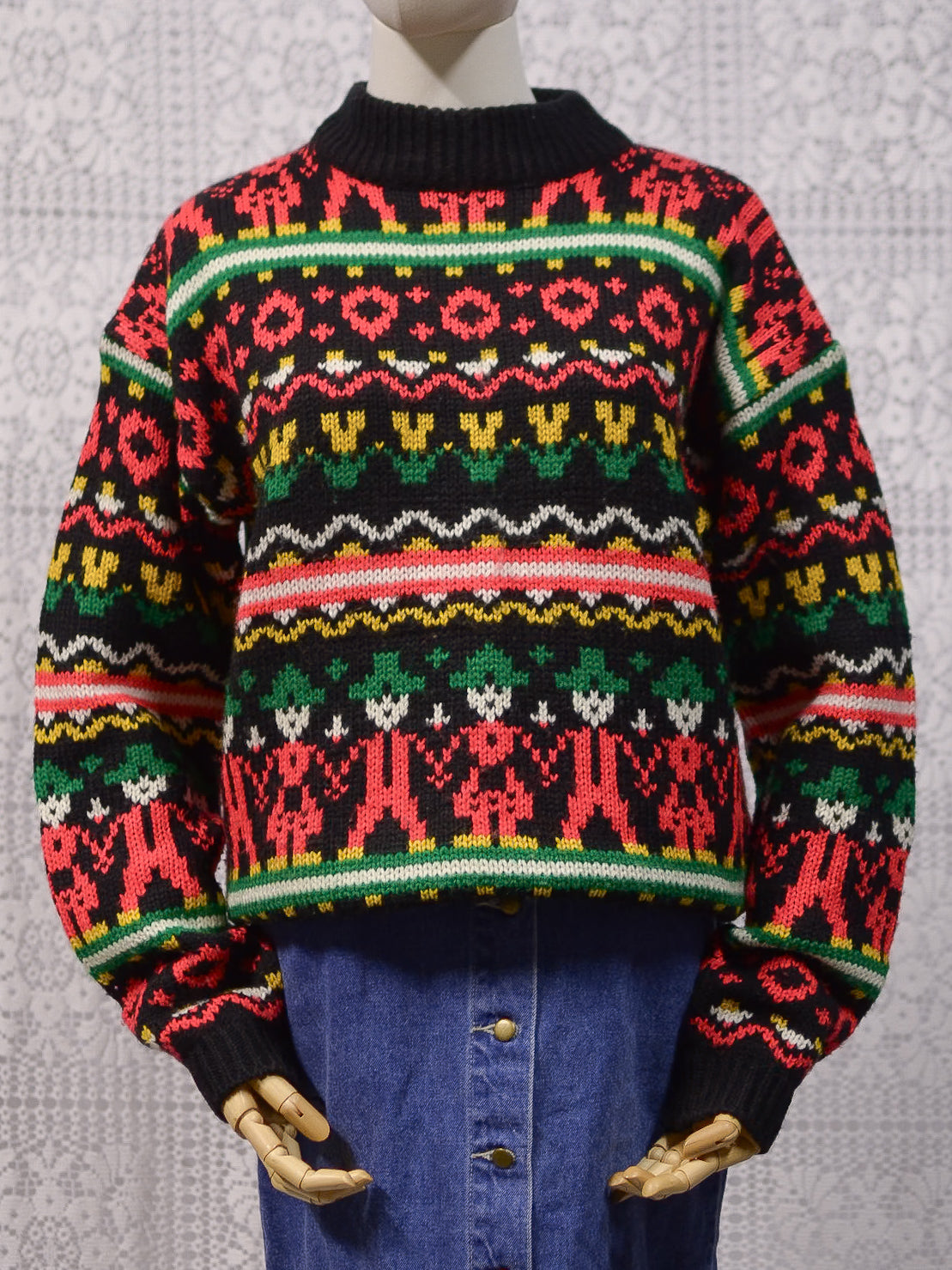 1980s Topshop black, red, green and yellow folk pattern jumper