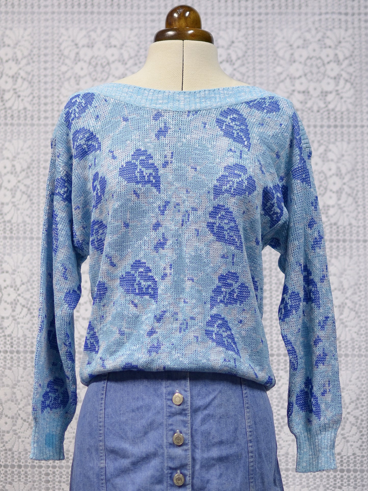 1980s blue monstera leaf pattern boat neck jumper