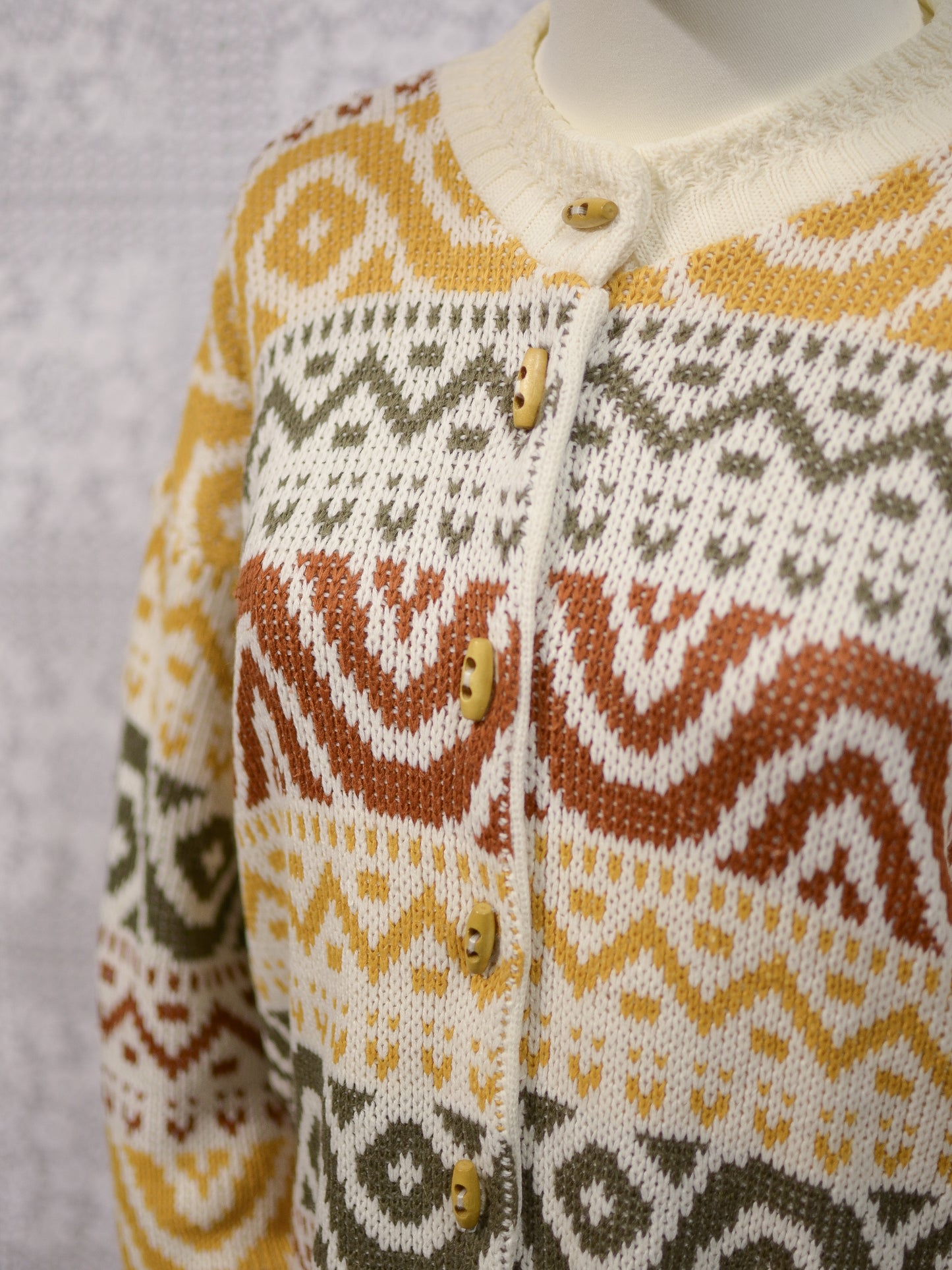 1980s Honeybells brown, green, mustard yellow and cream geometric pattern long cardigan