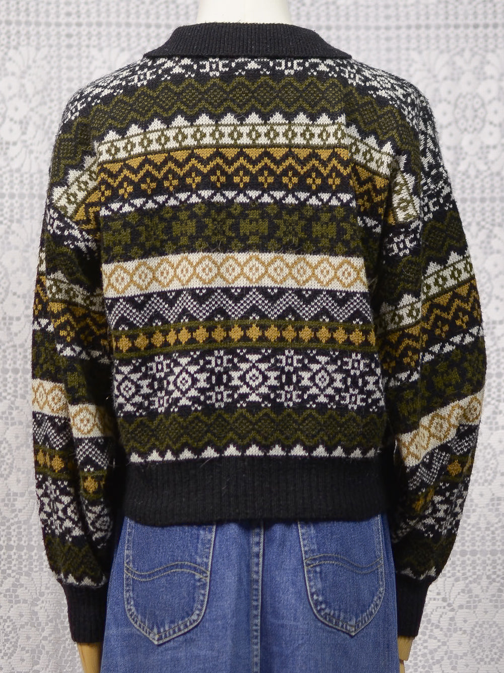 1980s C&A Yessica black, green and brown patterned stripe collared cardigan with gold buttons