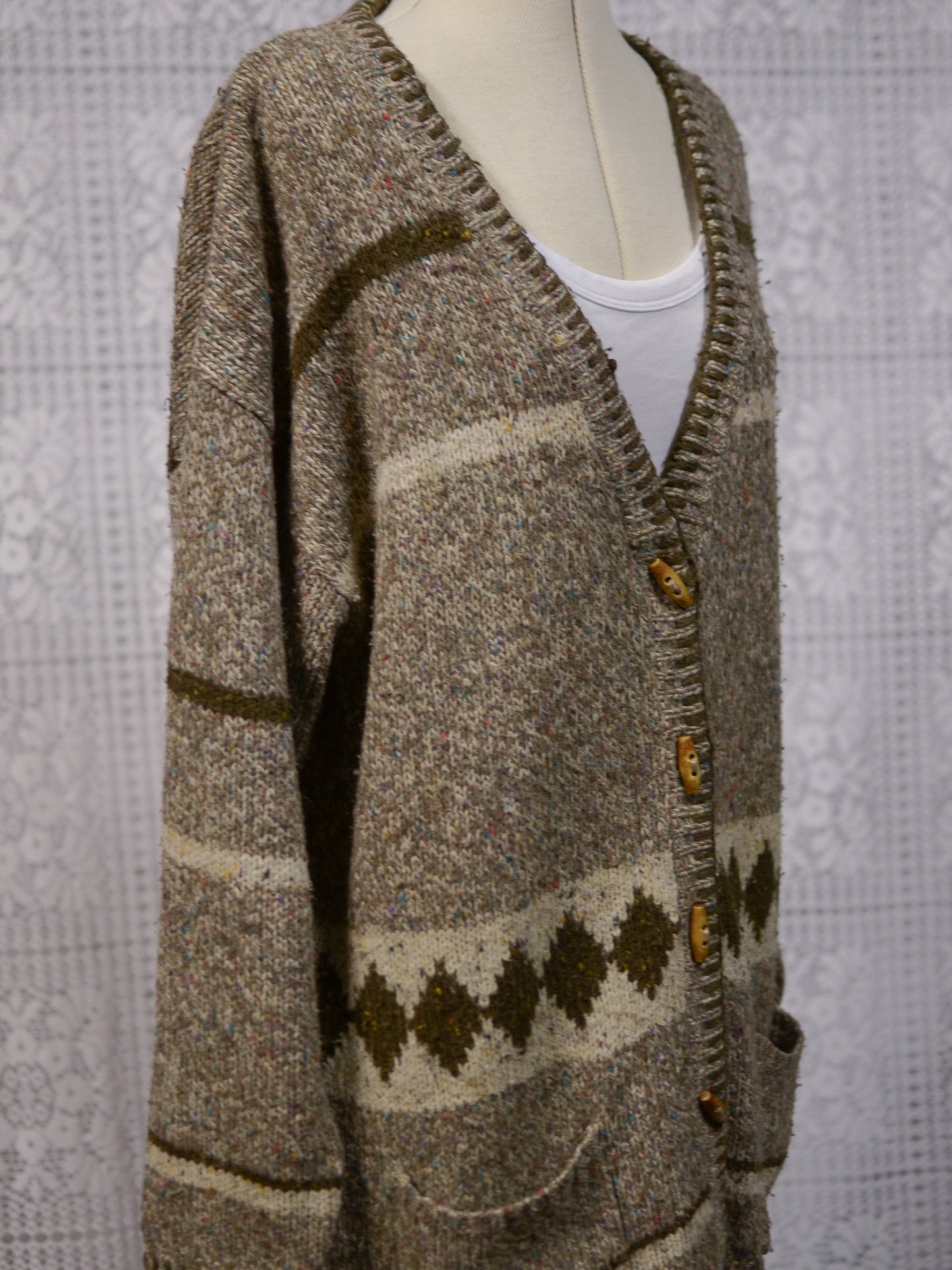 Y2K brown, cream and colourful flecked wool blend long tassled cardigan