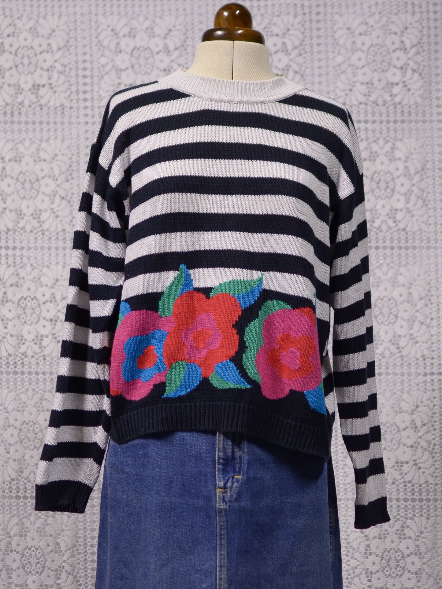 1990s St Michael black and white stripe pink floral cotton jumper