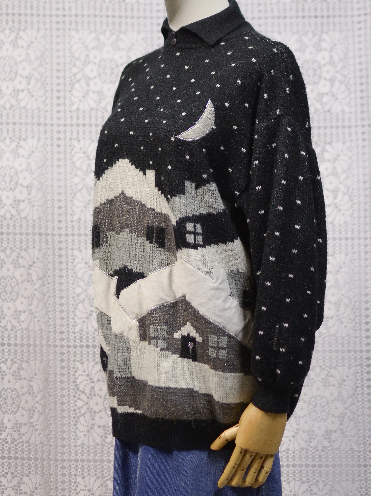 1980s black and white festive snow scene novelty collared jumper