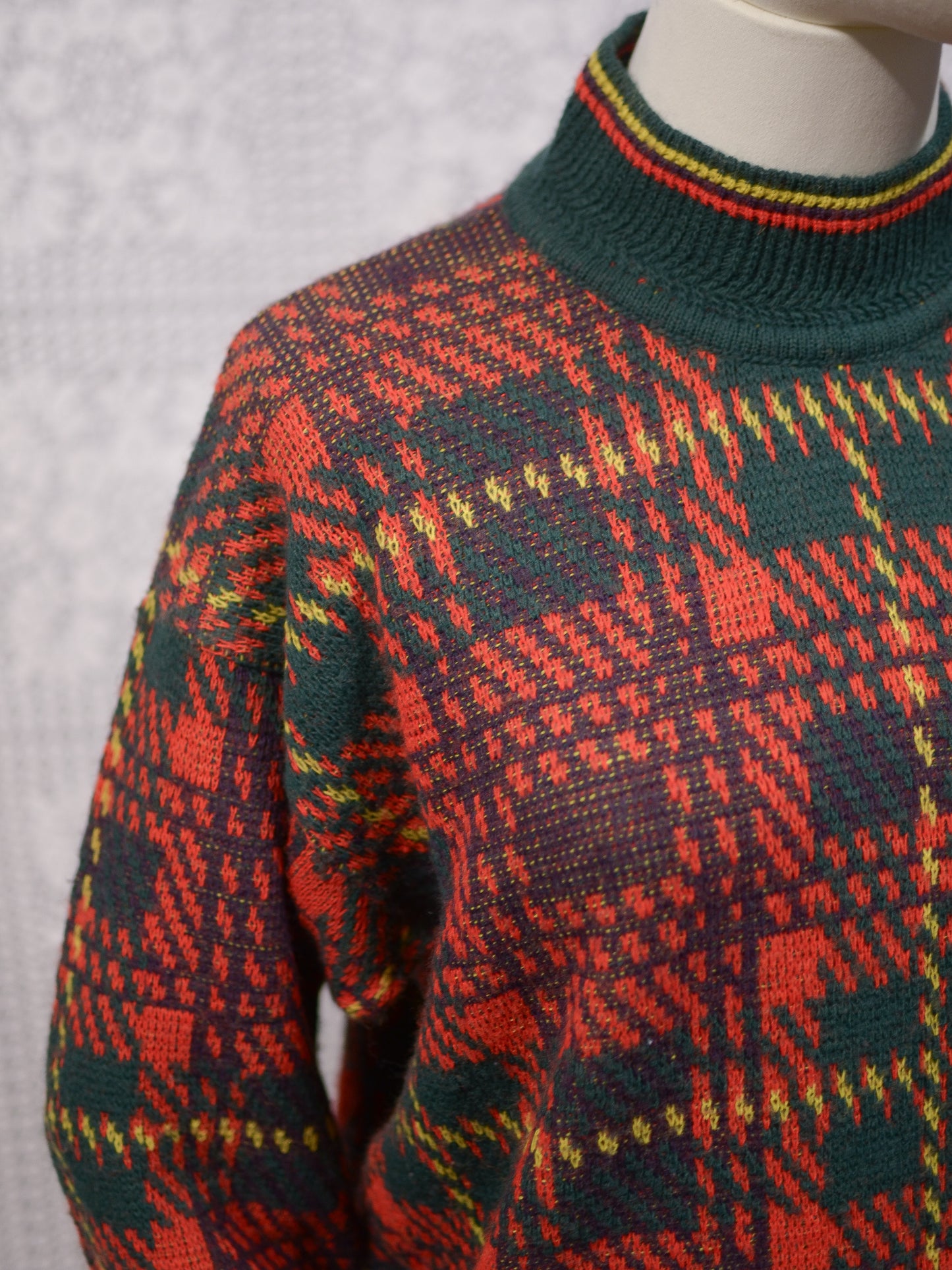 1970s red, green and yellow tartan high neck jumper