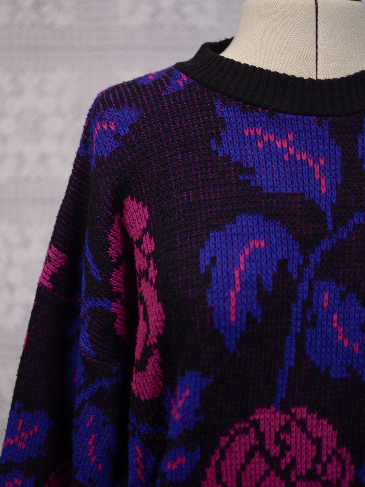 1980s black, purple and pink rose floral print batwing jumper