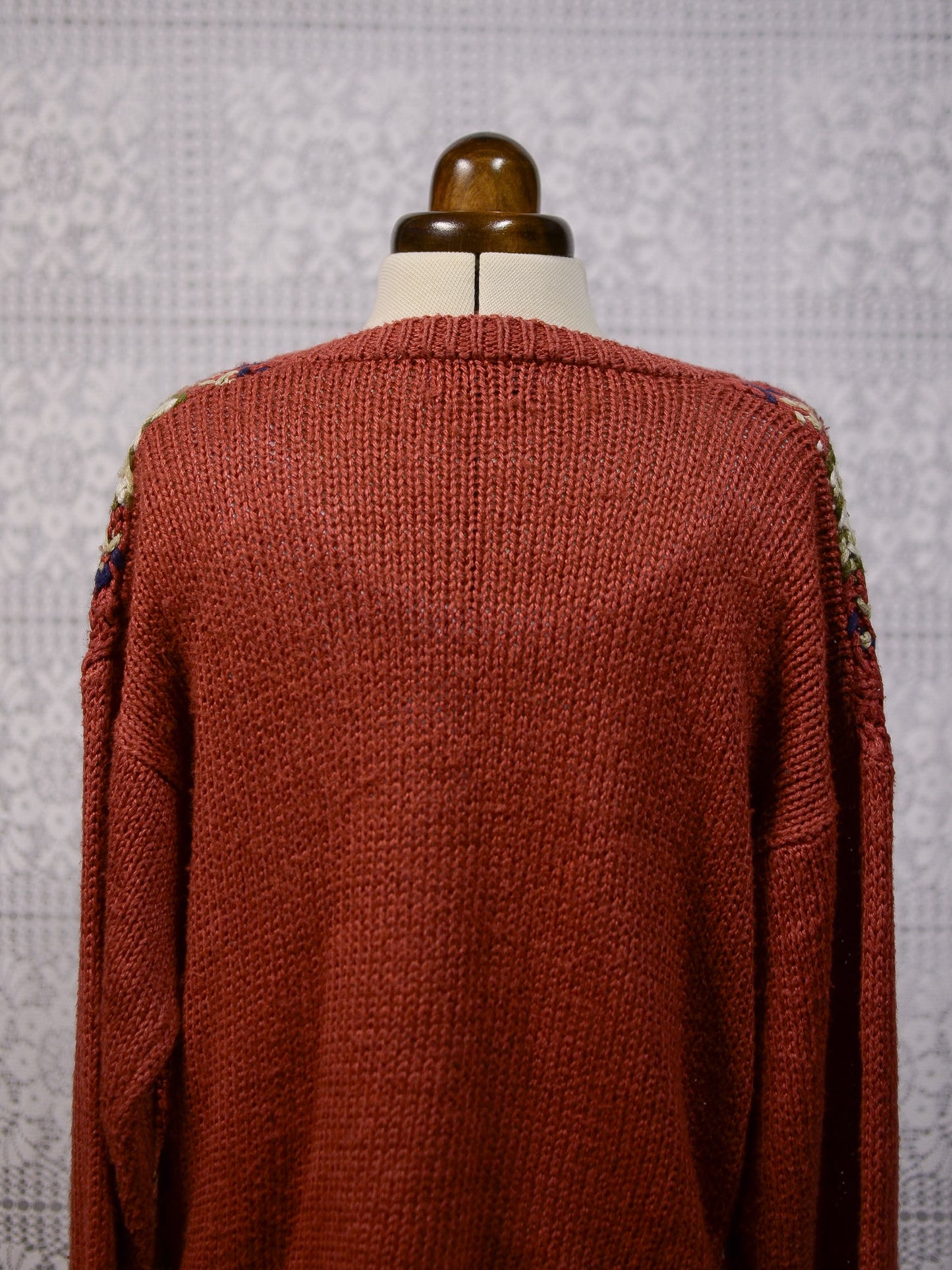 1990s dark red brown and cream floral pattern nordic cardigan