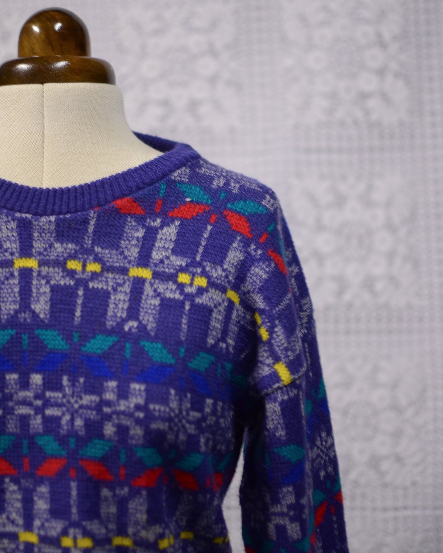 1990s blue, yellow and red snowflake pattern nordic jumper kids or small ladies