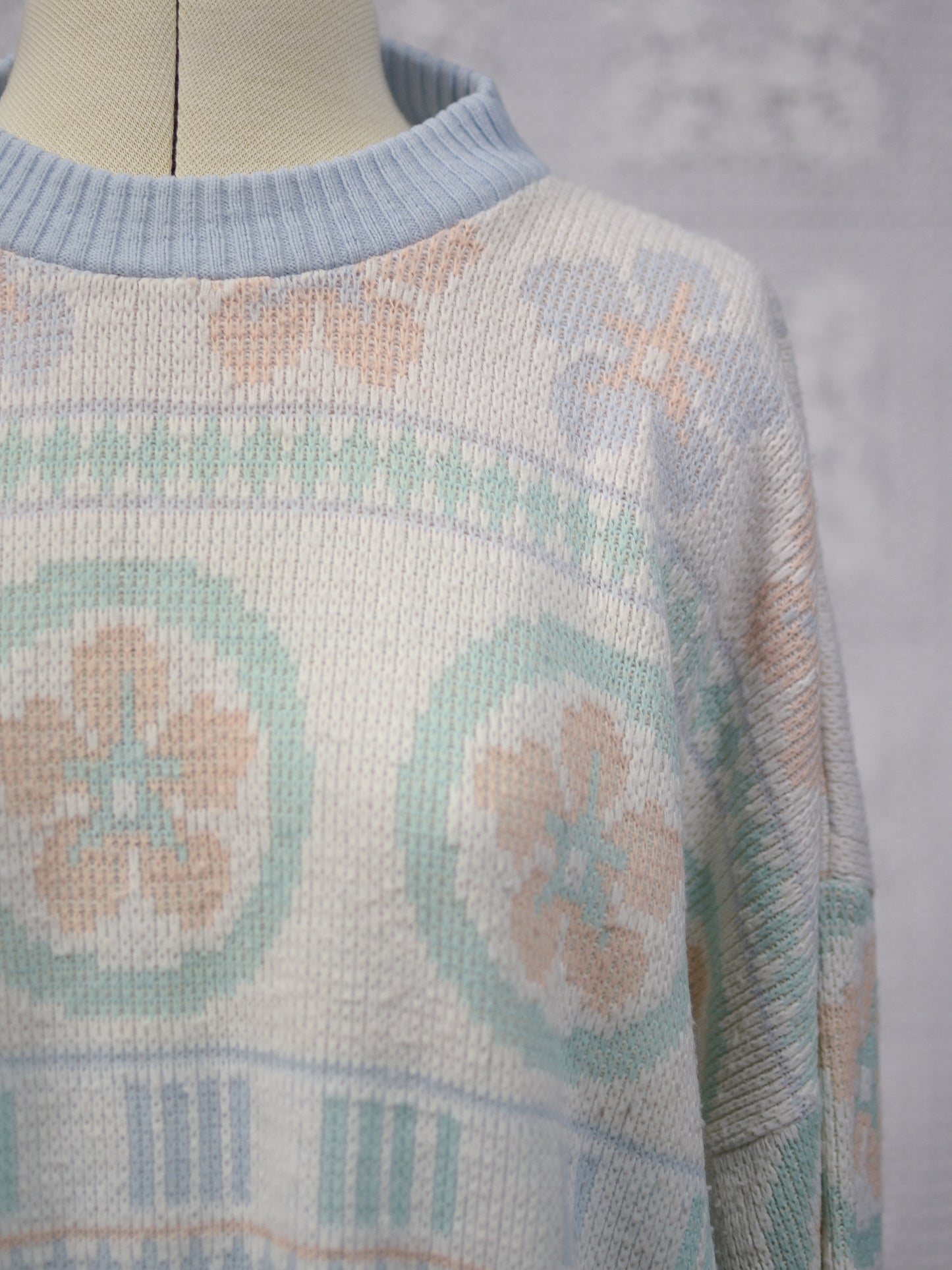 1990s white, blue, green and peach geometric floral jumper