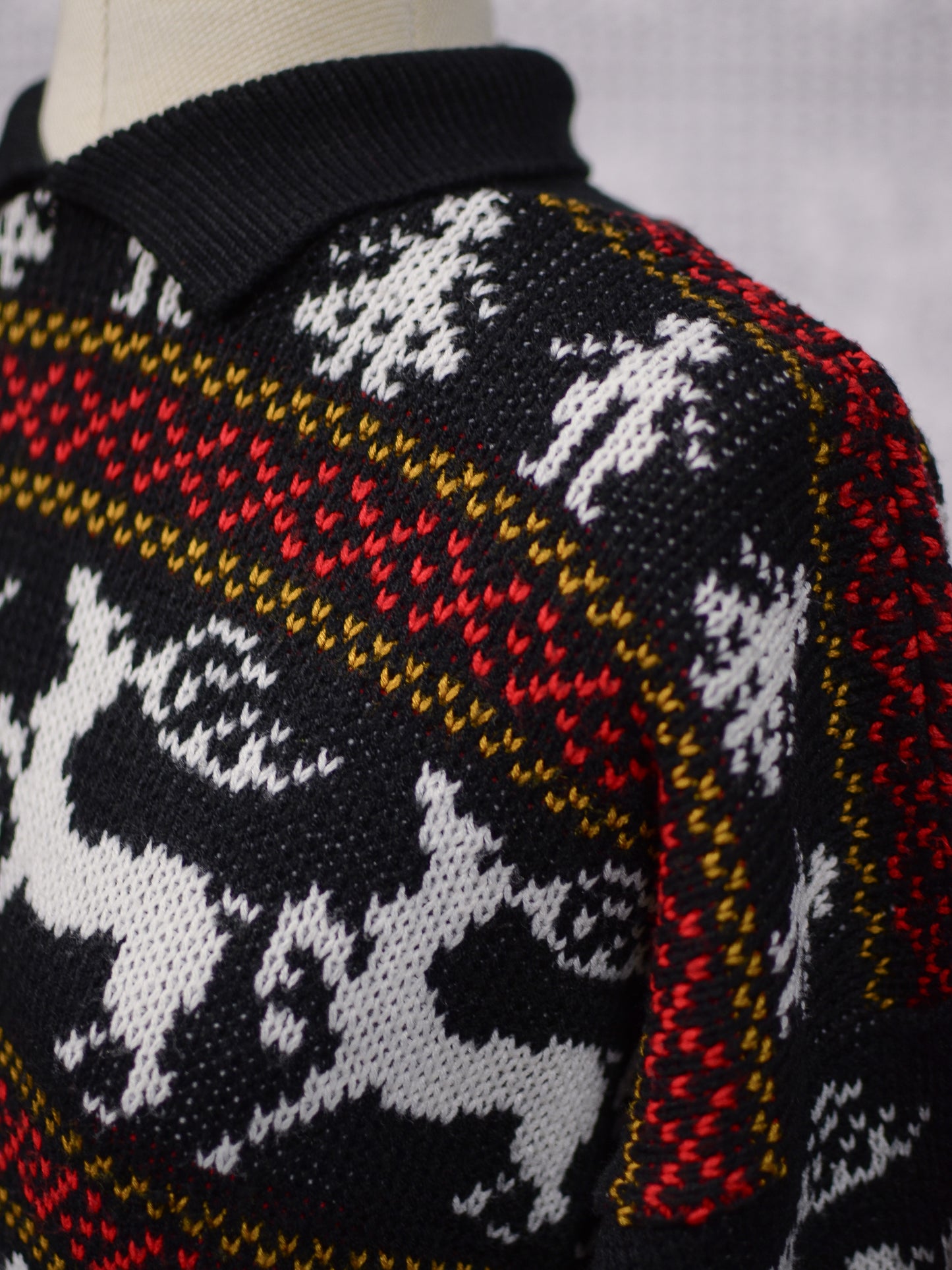 1980s black, white and red festive christmas reindeer collared jumper