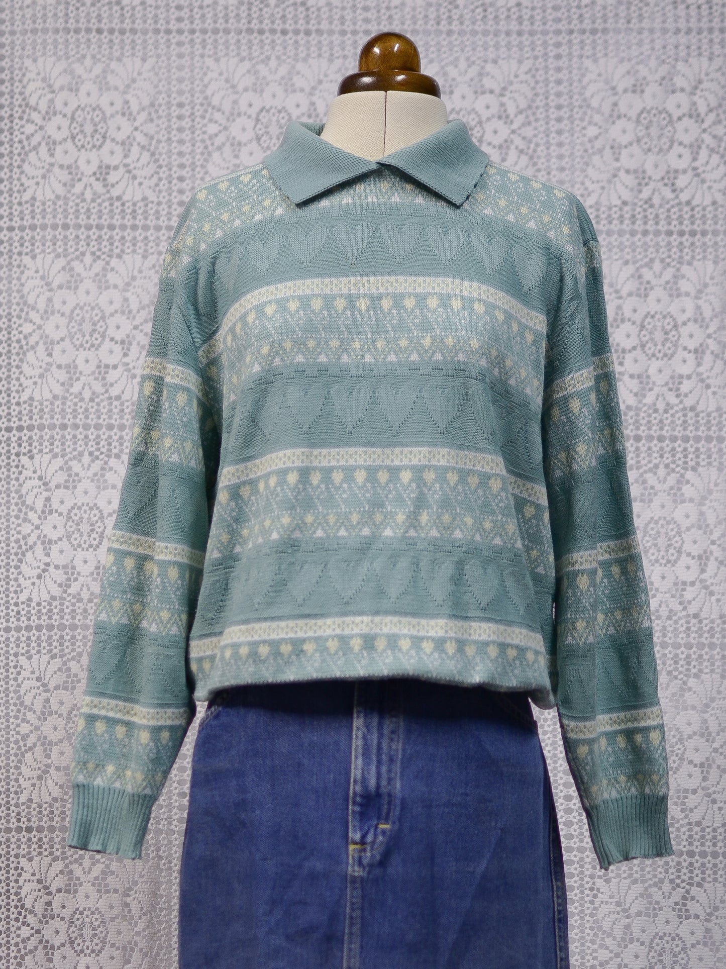 1990s mint green heart stripe patterned collared jumper