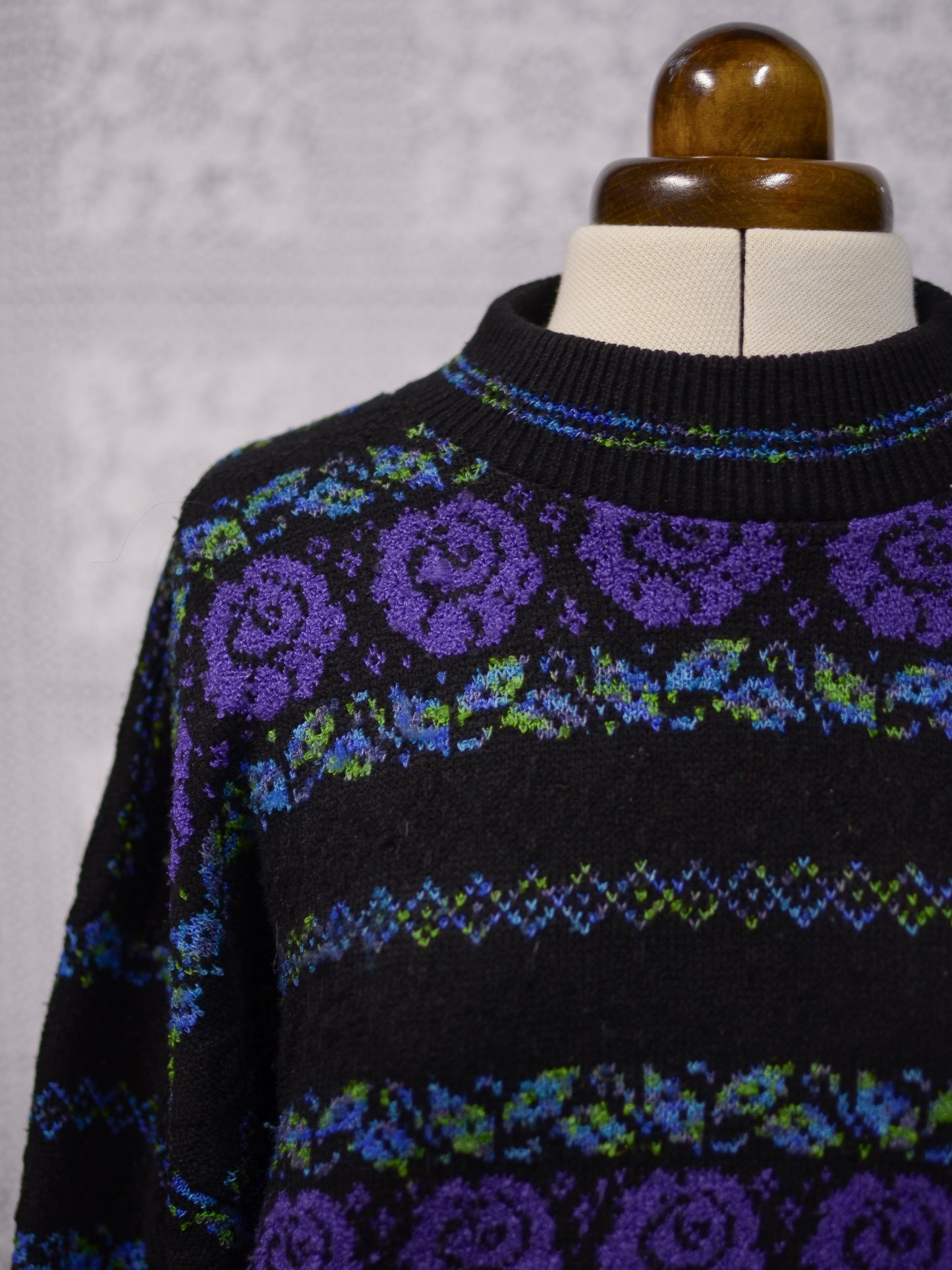 1980s black, purple and green rose floral and leaf pattern striped jumper