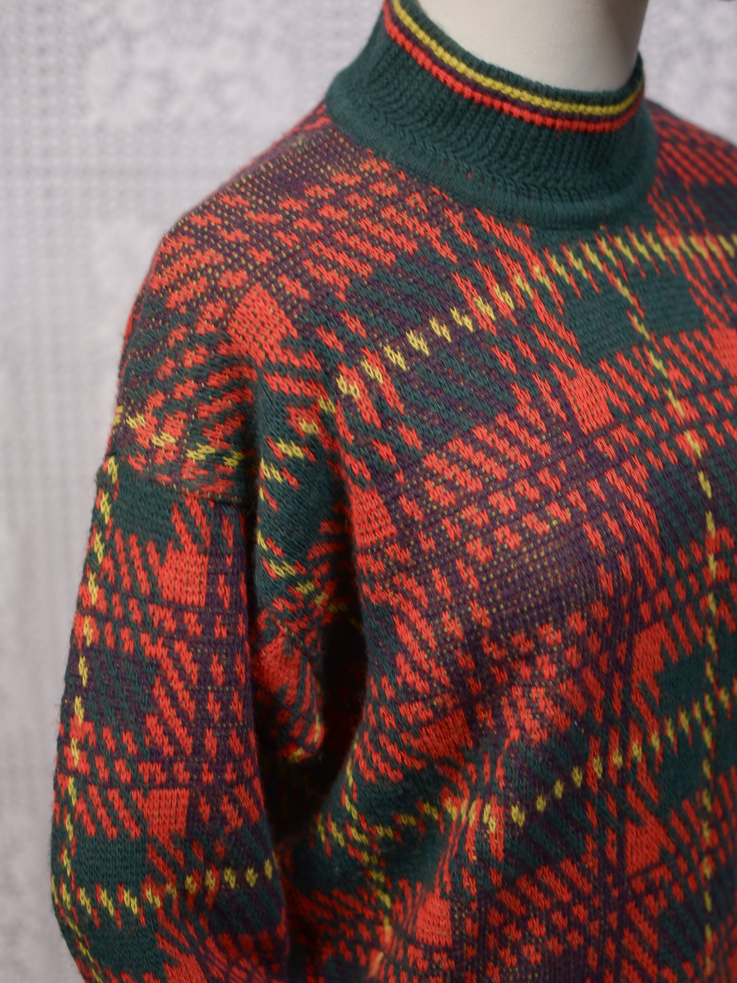 1970s red, green and yellow tartan high neck jumper