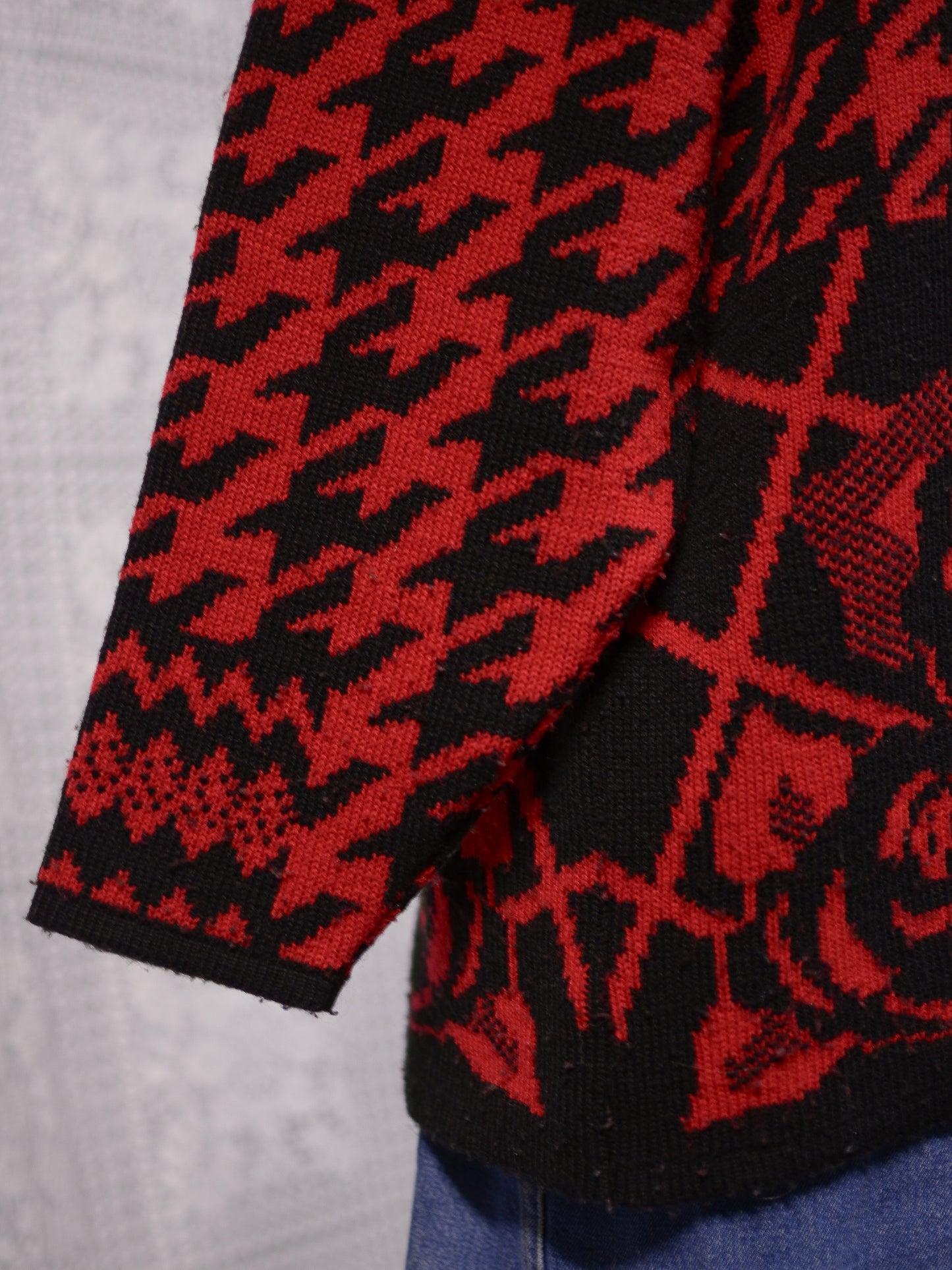 1990s St Michael red and black houndstooth and rose pattern long roll neck jumper