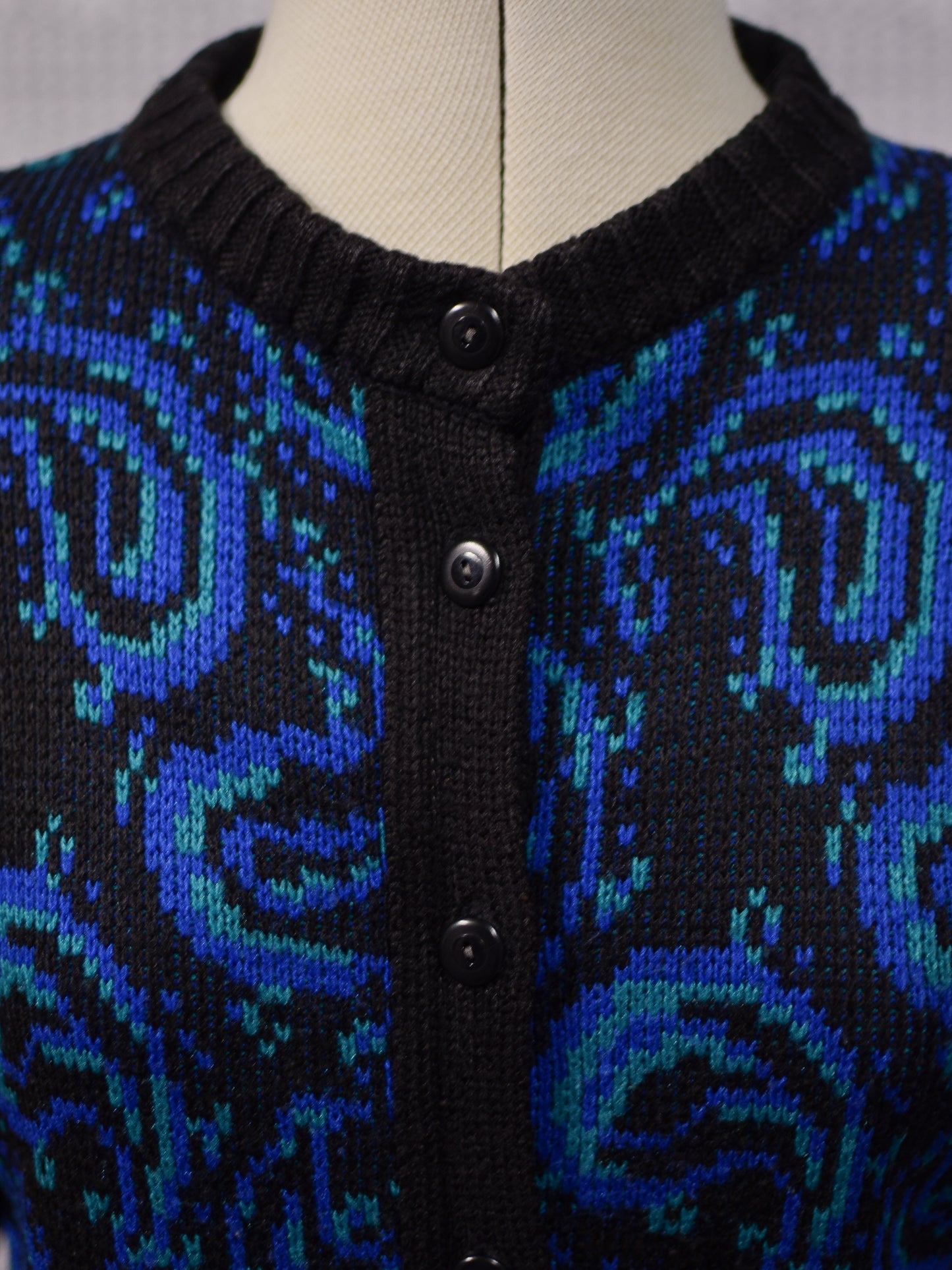 1980s St Michael black, blue and green paisley pattern button-through crew neck cardigan