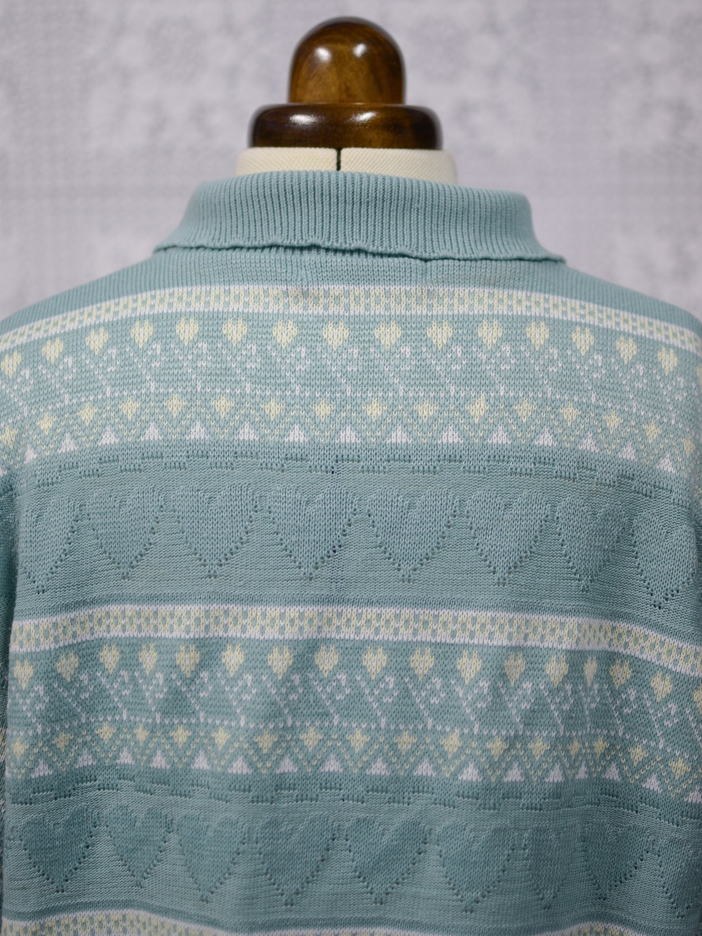 1990s mint green heart stripe patterned collared jumper