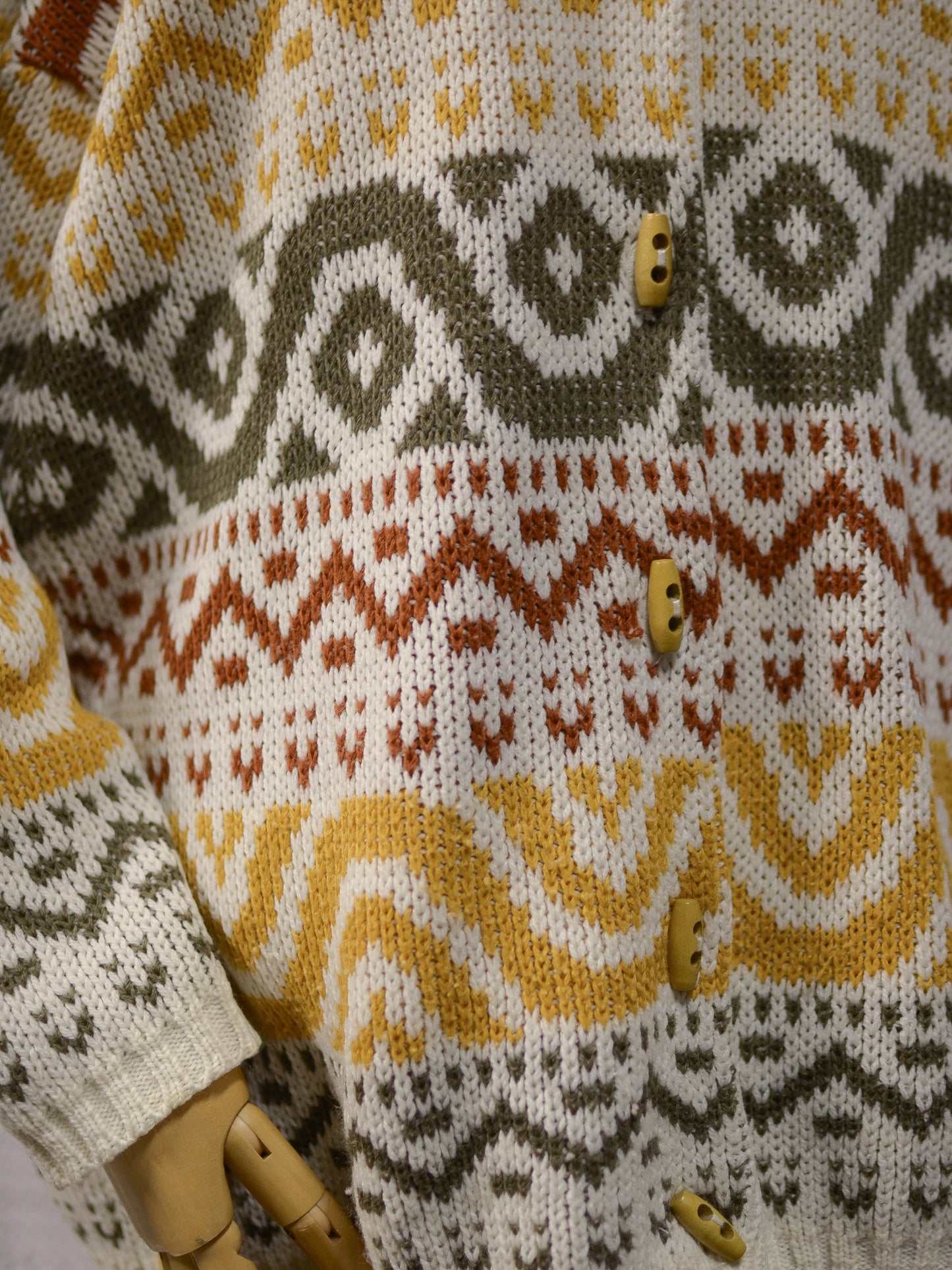 1980s Honeybells brown, green, mustard yellow and cream geometric pattern long cardigan