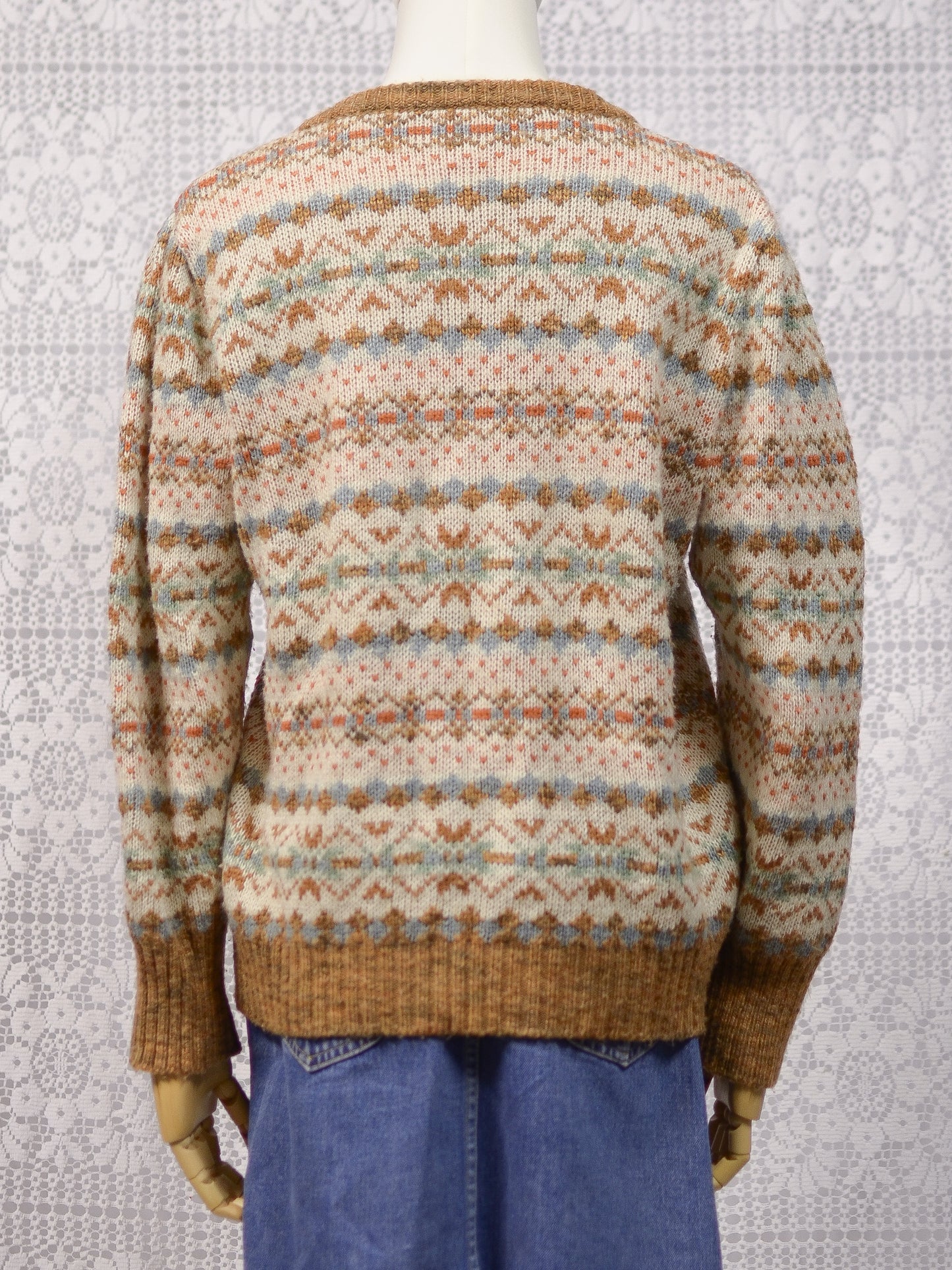 1980s BHS brown, cream and blue snowflake nordic stripe patterned jumper