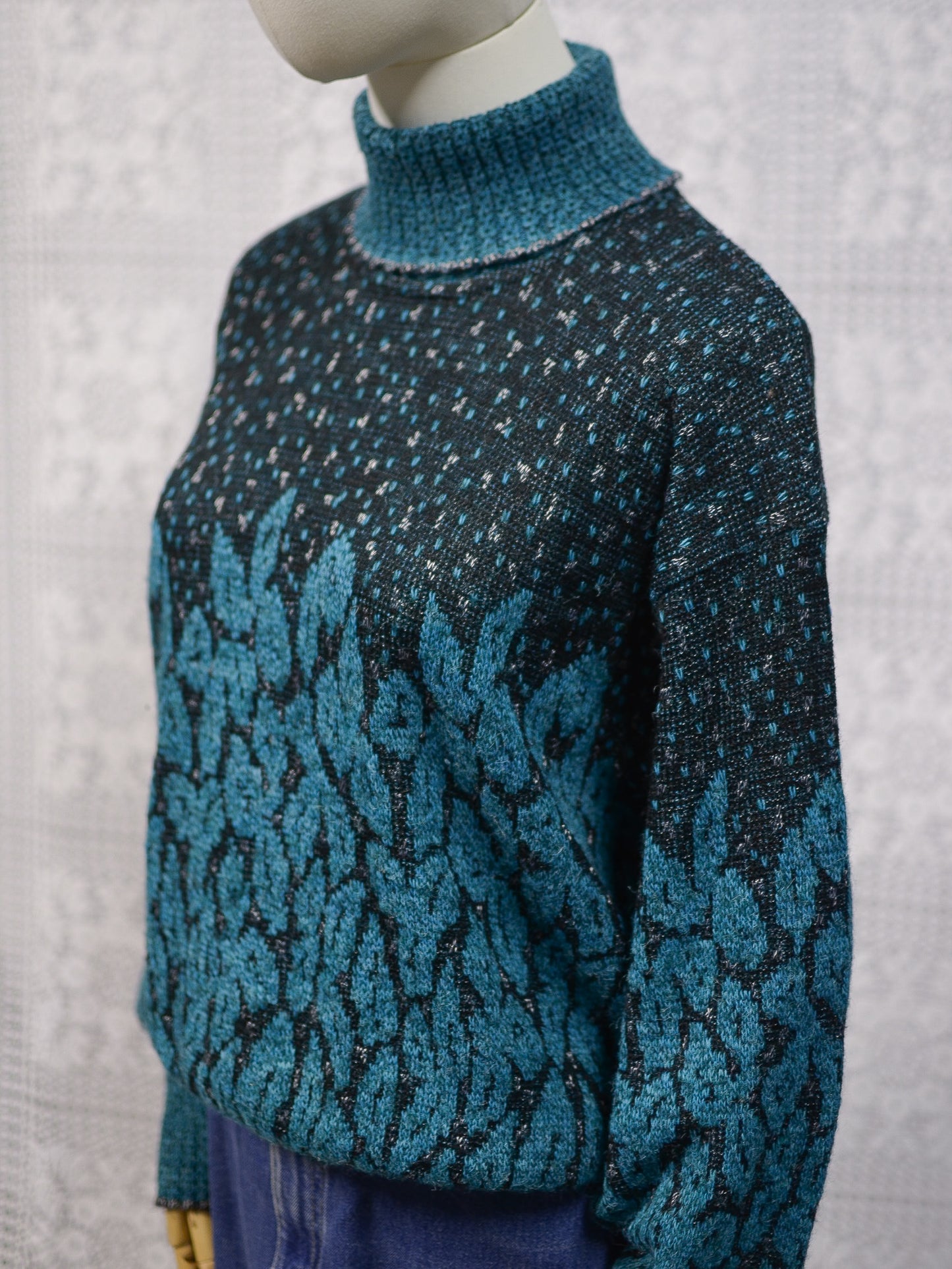 1980s teal, black and silver roll neck batwing jumper
