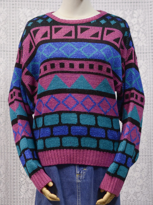 1980s C&A pink, green and blue sparkly patterned jumper