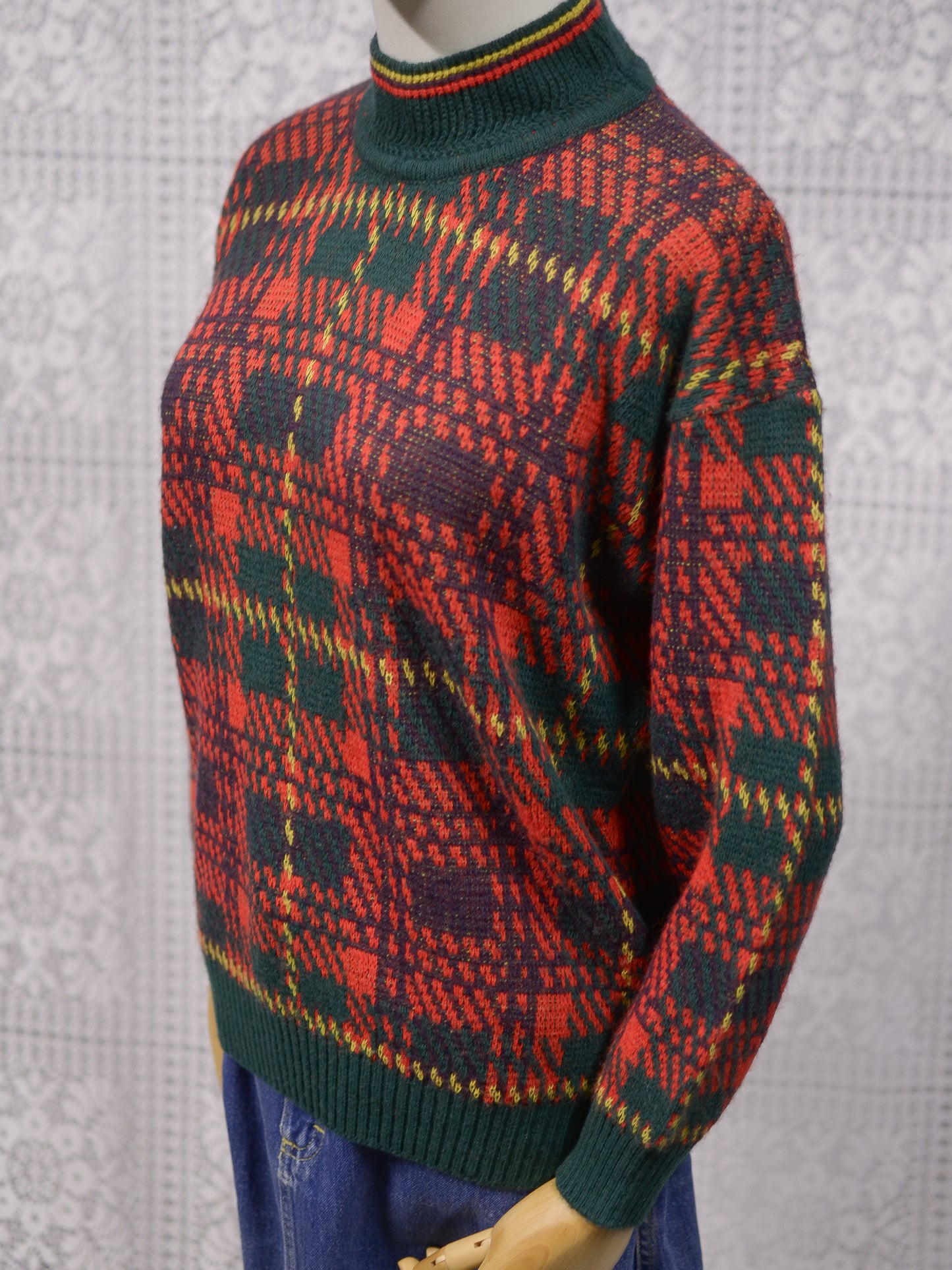 1970s red, green and yellow tartan high neck jumper