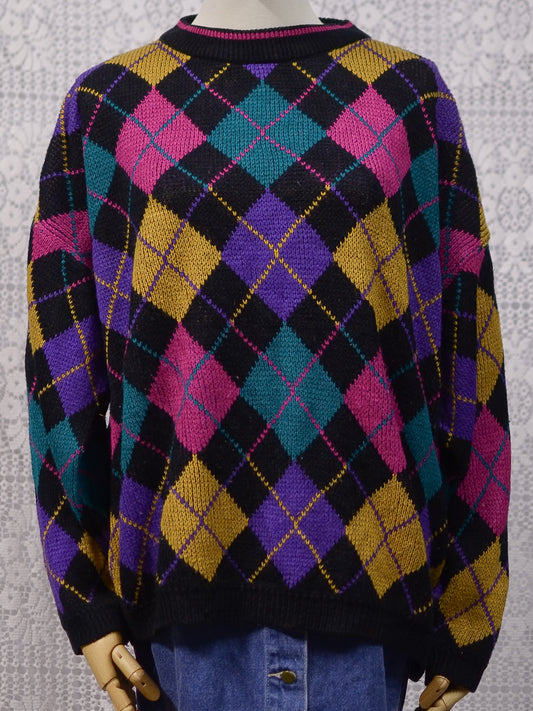 1980s black, pink, yellow, purple and turquoise green argyle pattern jumper