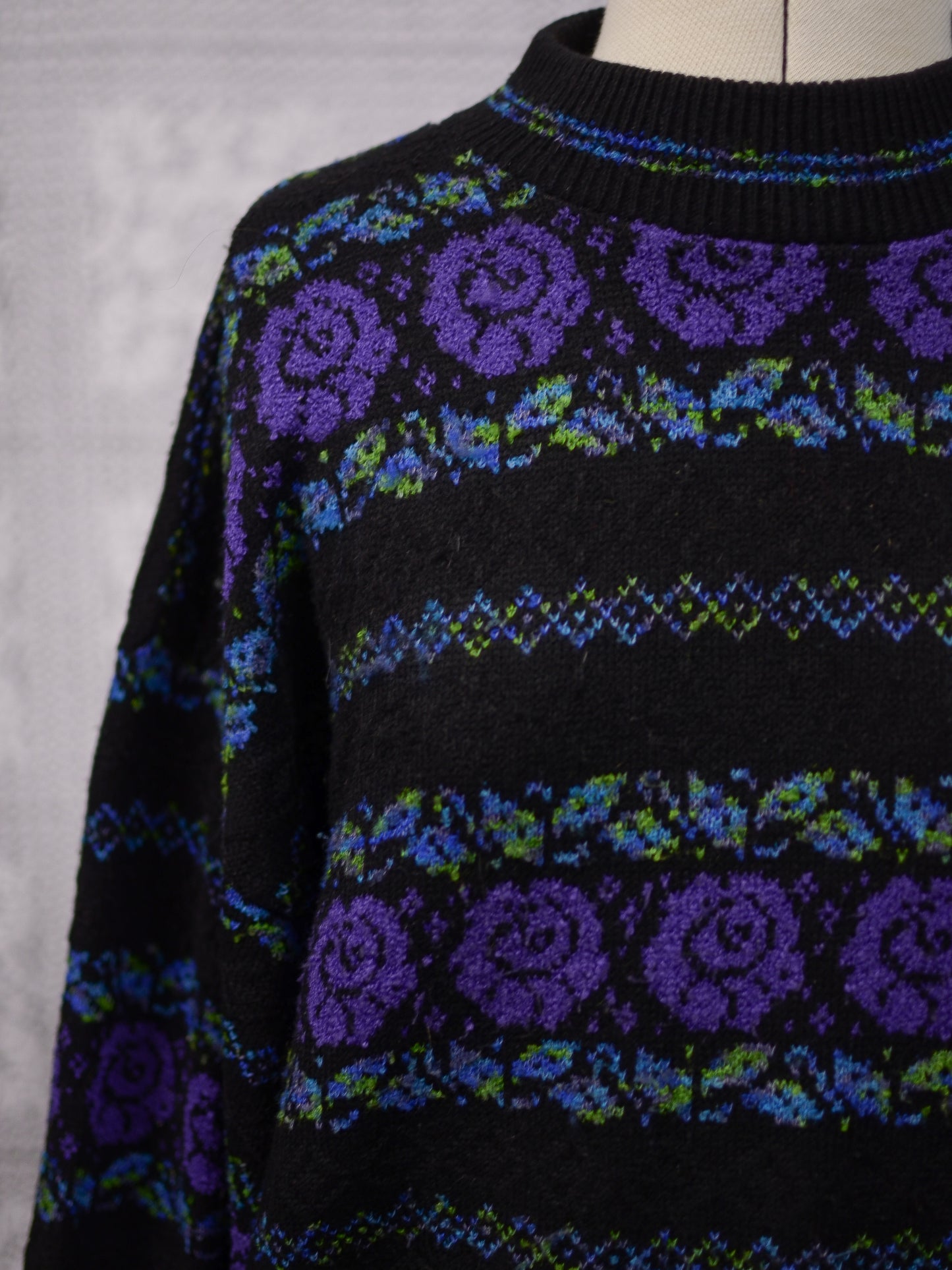 1980s black, purple and green rose floral and leaf pattern striped jumper