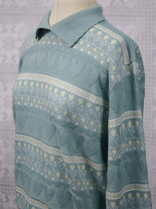 1990s mint green heart stripe patterned collared jumper