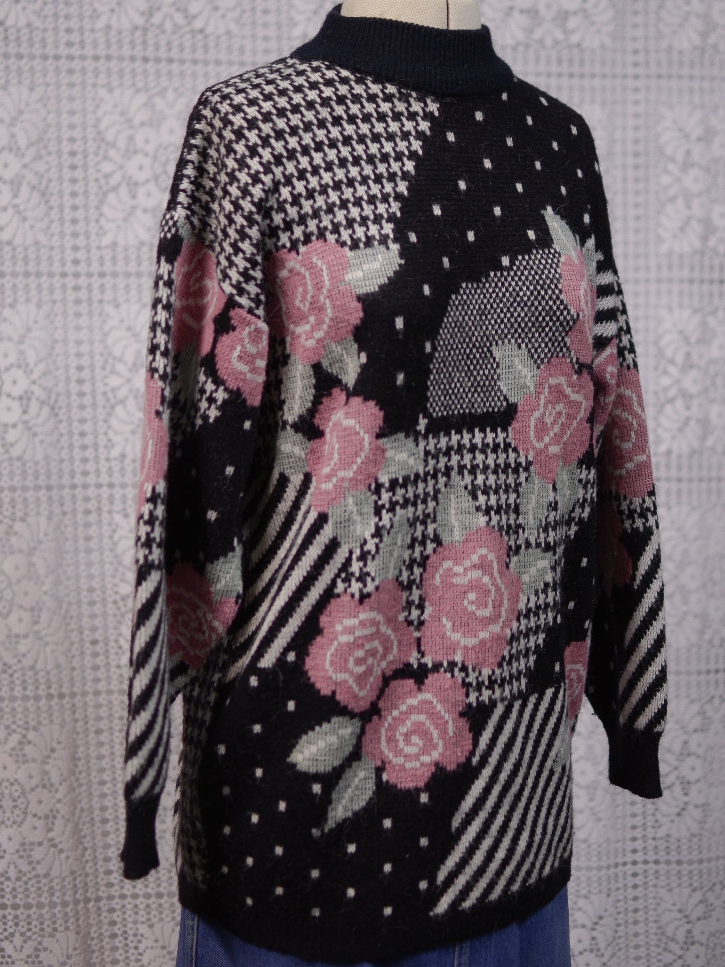 1980s Honey black, white and rose pink floral, polkadot and houndstooth long jumper