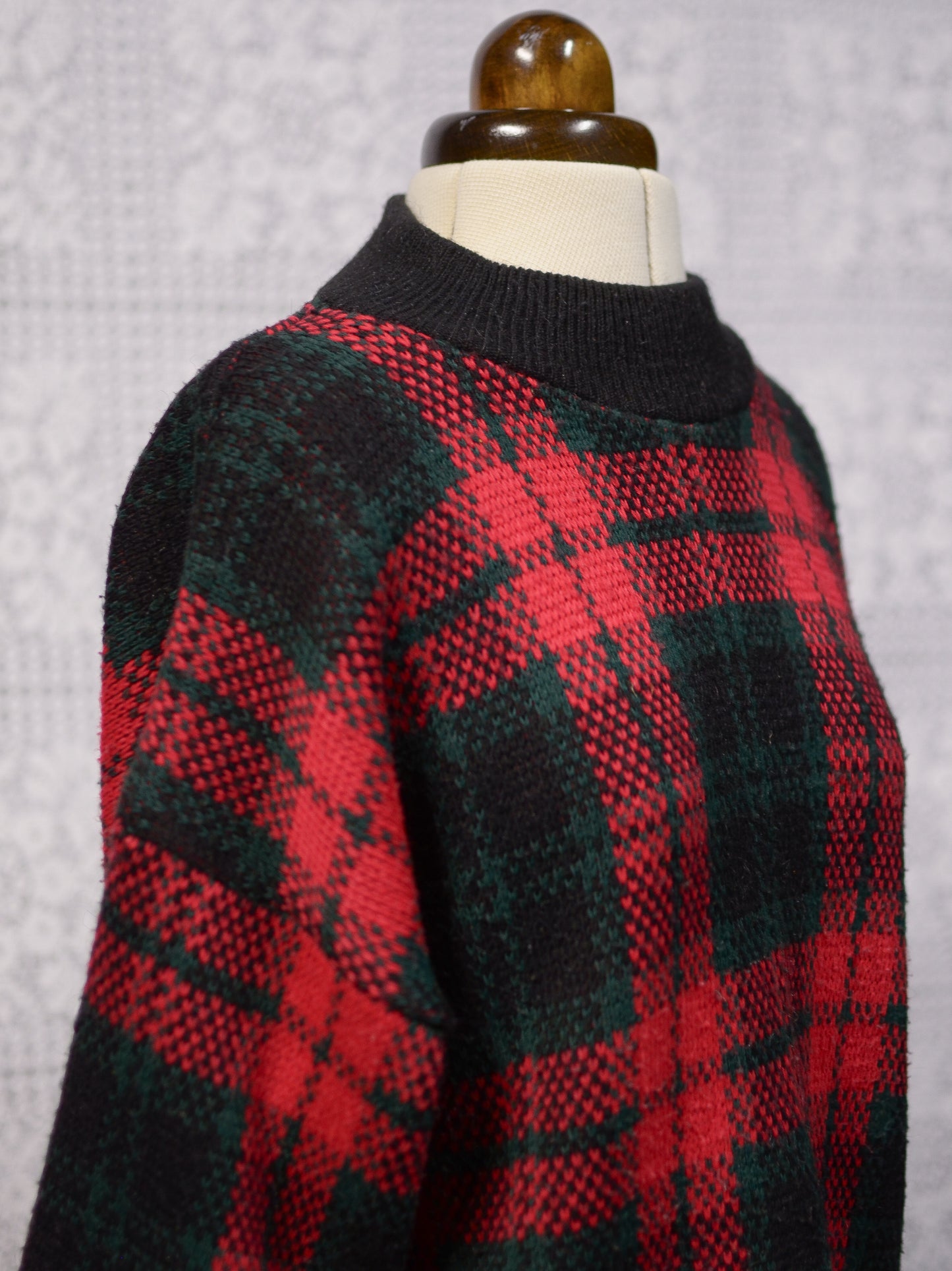 1980s C&A red, green and black tartan checked jumper