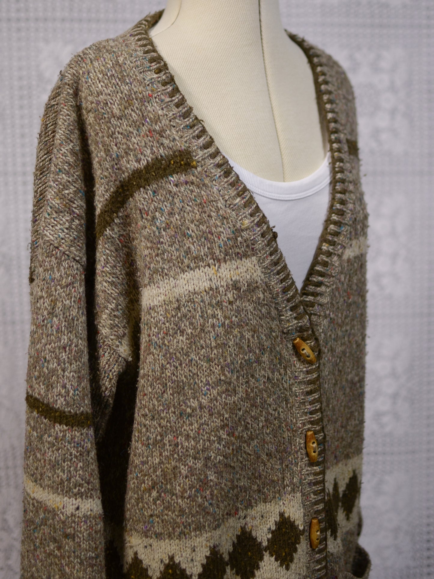 Y2K brown, cream and colourful flecked wool blend long tassled cardigan