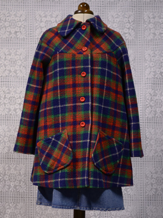 1970s St Michael pure wool red, green and blue tartan A-line coat with patch pockets