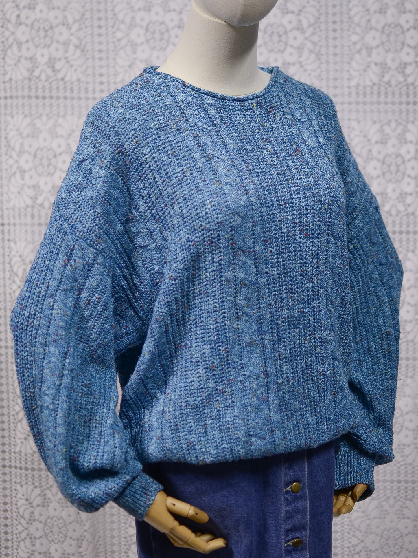 1990s blue and multicolour cotton blend cable knit slouchy jumper