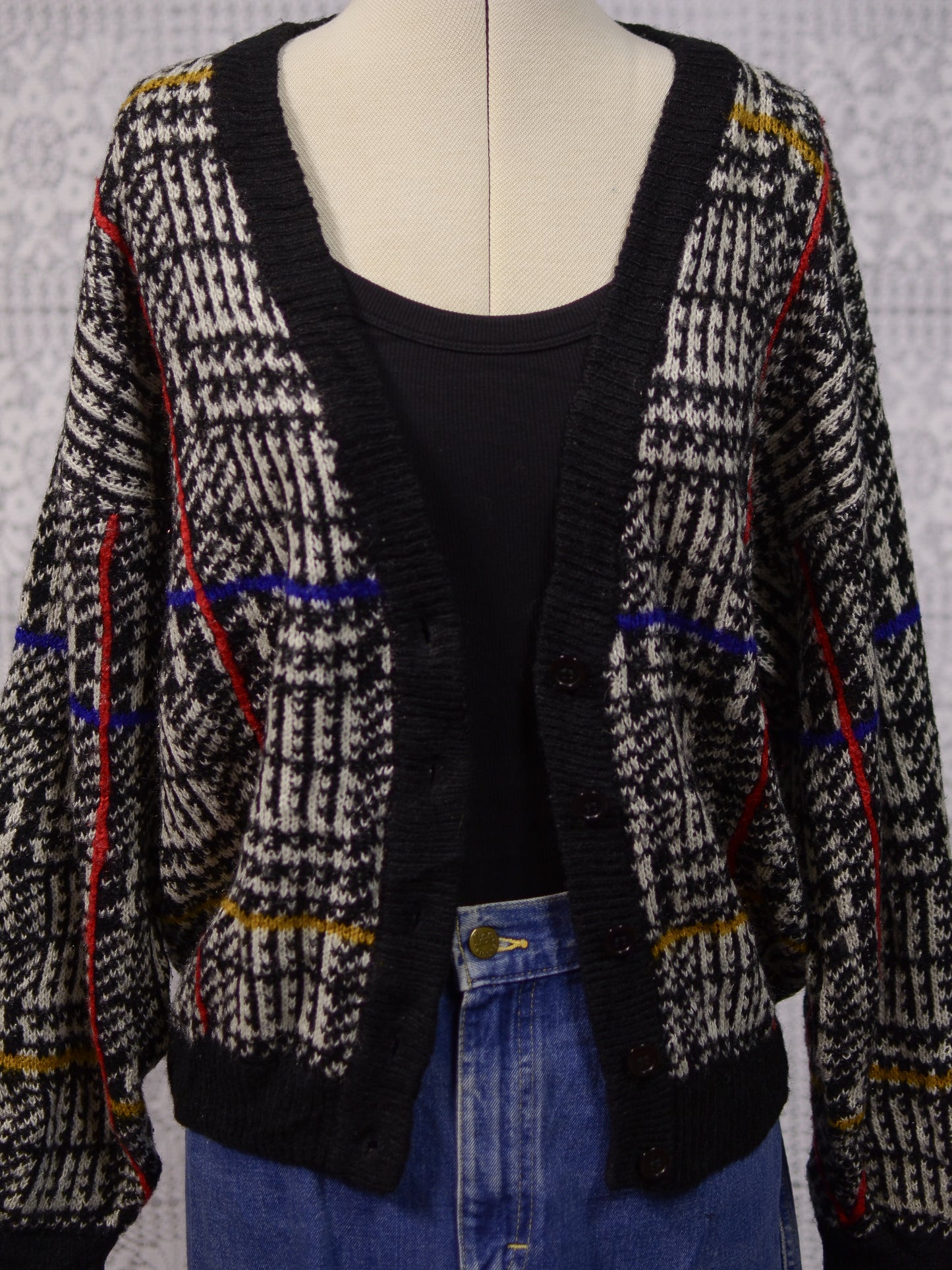 1980s black and white houndstooth check colourful slouchy v-neck cardigan