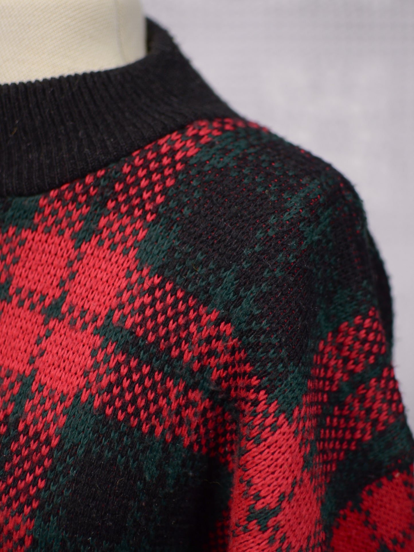 1980s C&A red, green and black tartan checked jumper