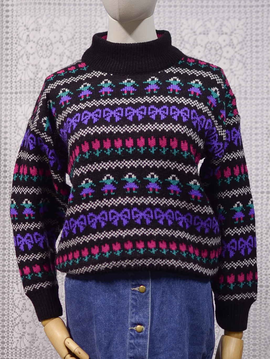 1980s black, purple and pink striped folk pattern jumper