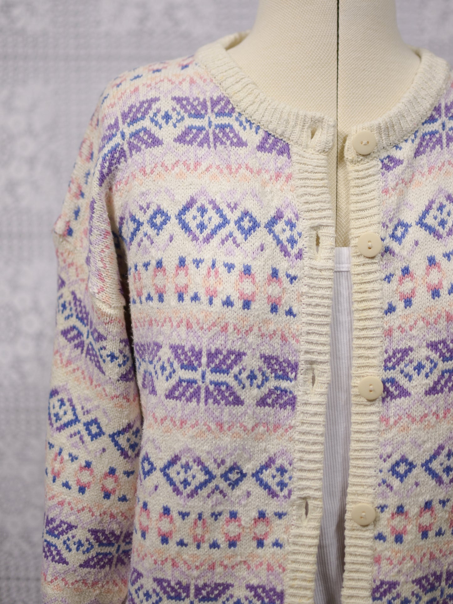 1990s Compliments cream, pink and lilac festive snowflake cosy cotton cardigan