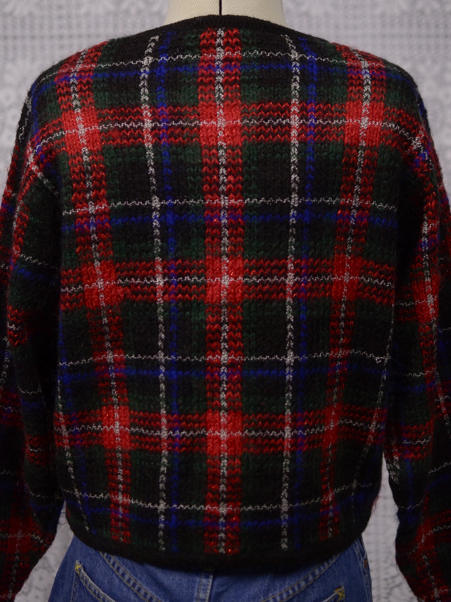 1980s red, green and blue tartan cropped cardigan