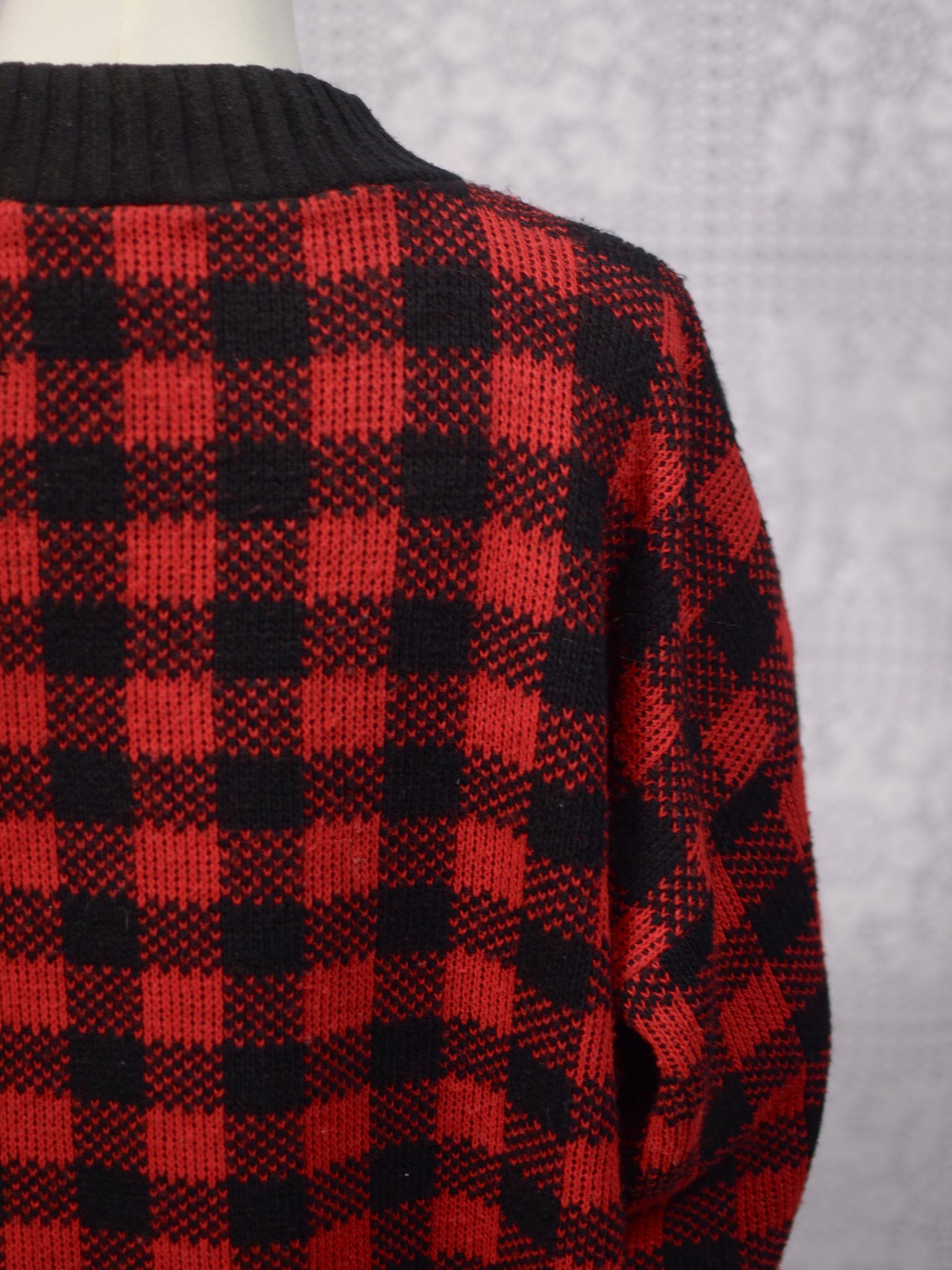 1990s red and black gingham plaid diamond argyle pattern jumper