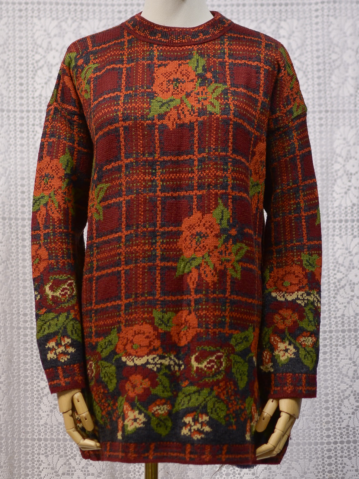 1990s dark red, orange and green tartan and floral print long jumper dress