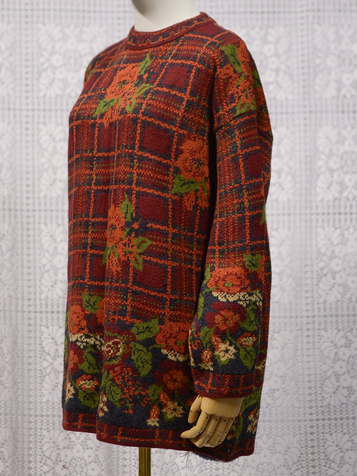 1990s dark red, orange and green tartan and floral print long jumper dress