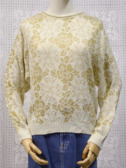 1980s cream and gold floral pattern lightweight jumper