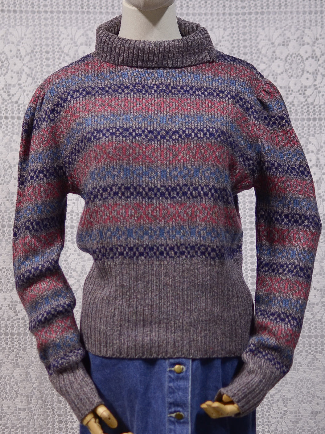 1970s heather grey, pink and purple striped roll neck jumper