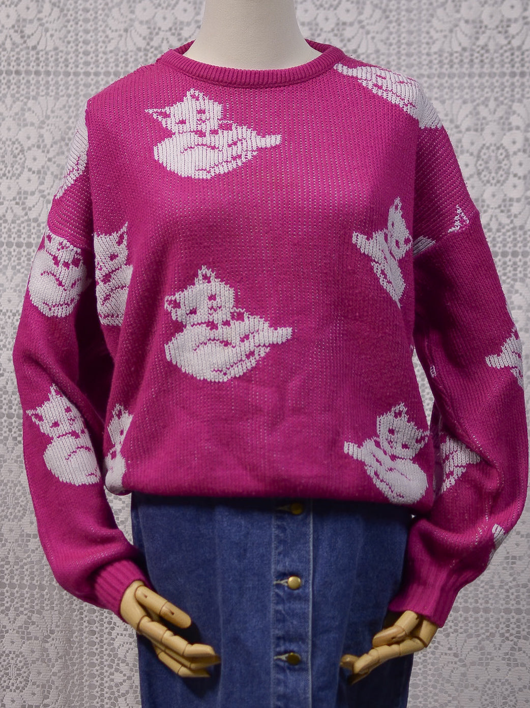 1980s pink and white cat jumper