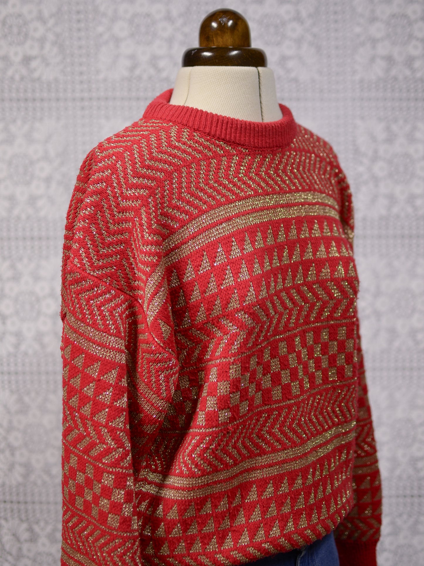 1980s red and gold batwing festive geometric striped jumper