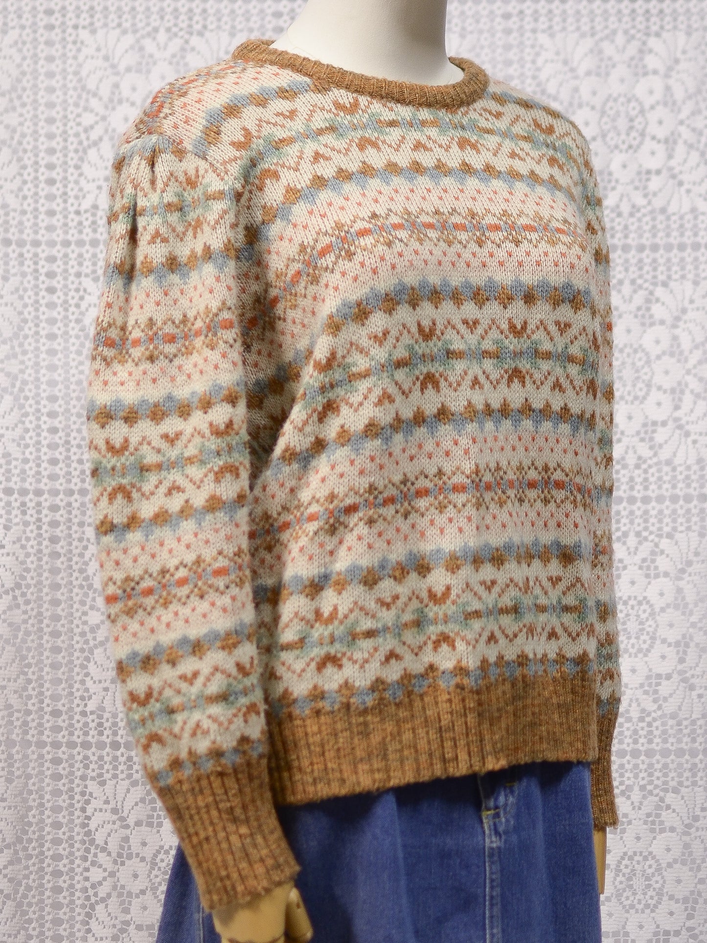 1980s BHS brown, cream and blue snowflake nordic stripe patterned jumper