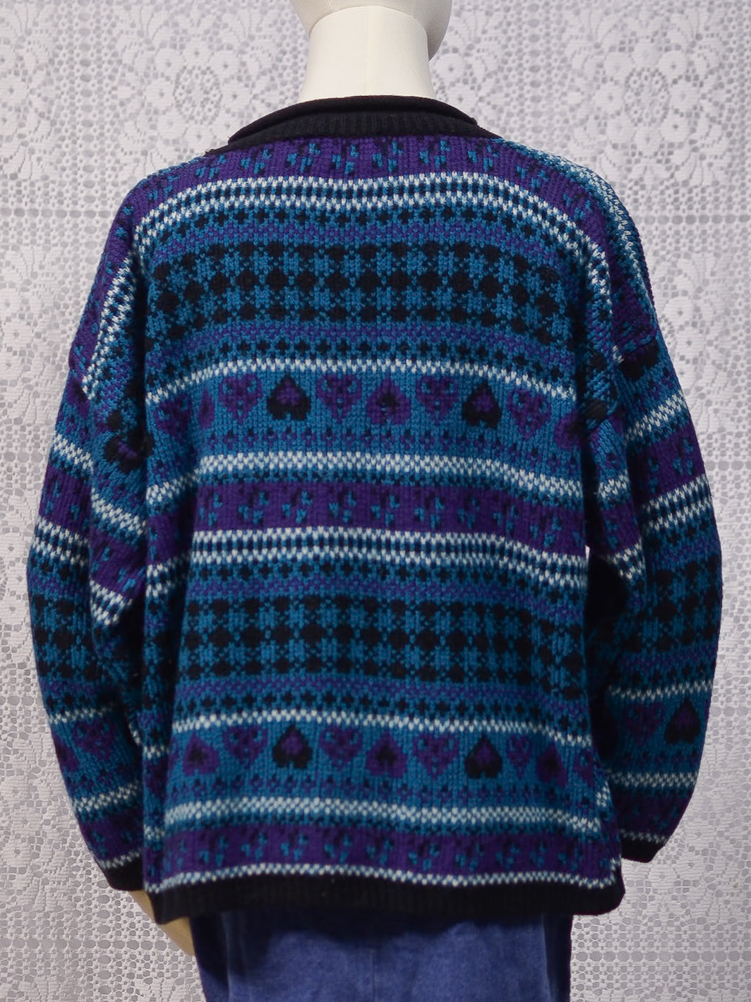 1990s Stefano black, turquoise and purple heart and stripe pattern jumper