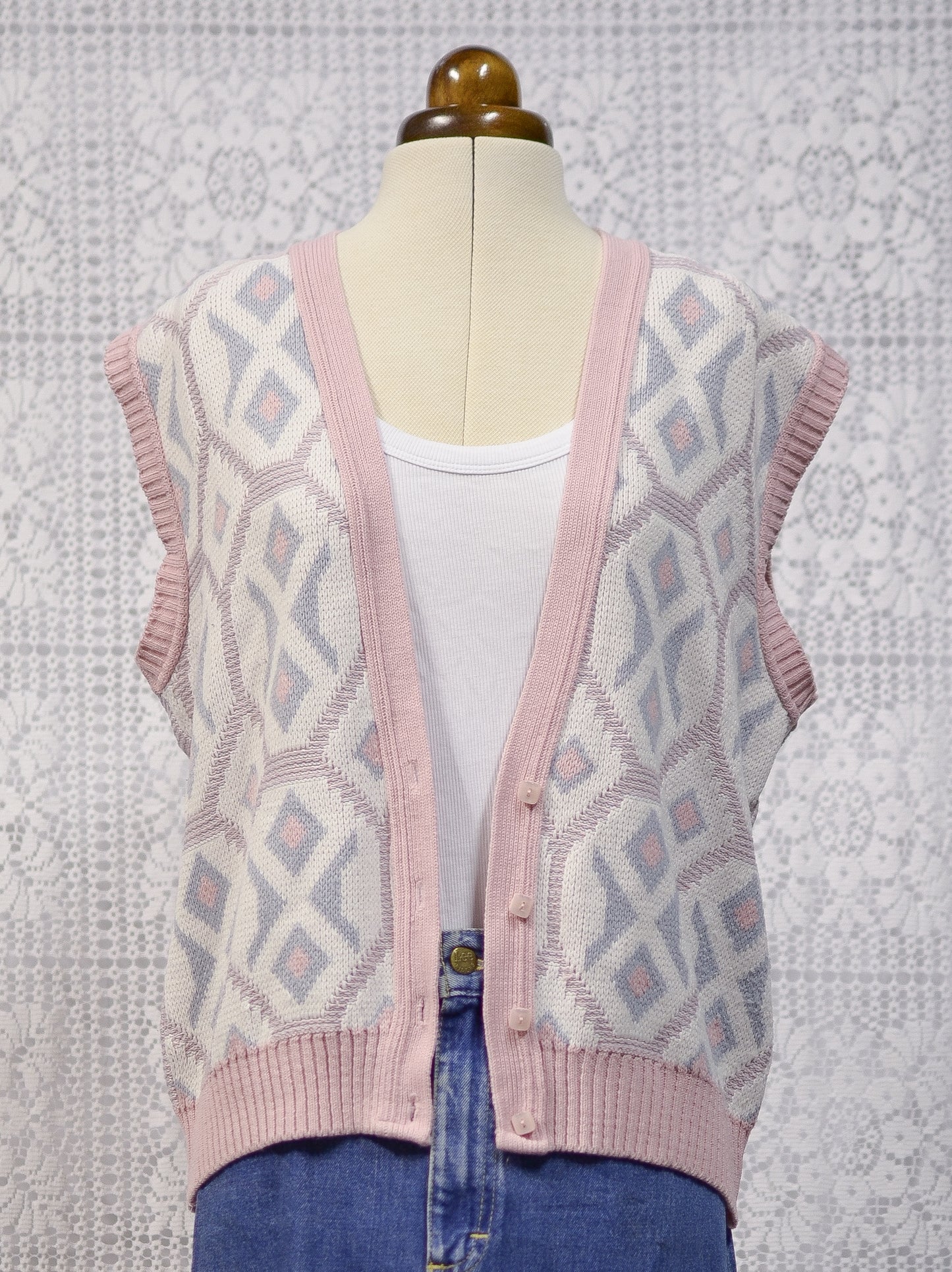 1980s pink, white and blue knitted waistcoat tank top sleeveless cardigan